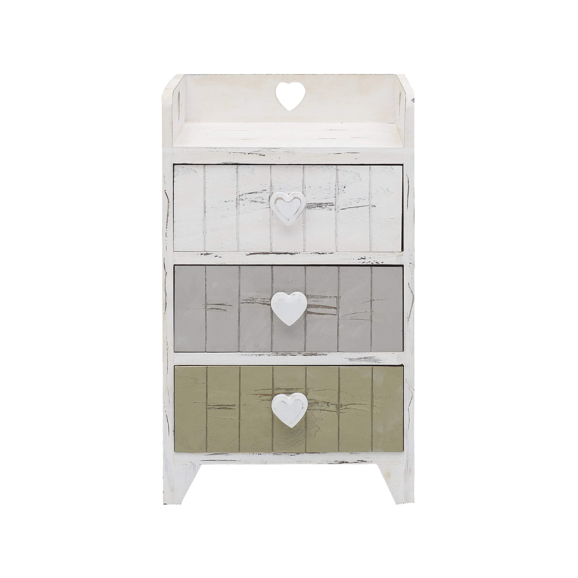 table de chevet coeur avec 3 tiroirs effet bois blanc beige et gris