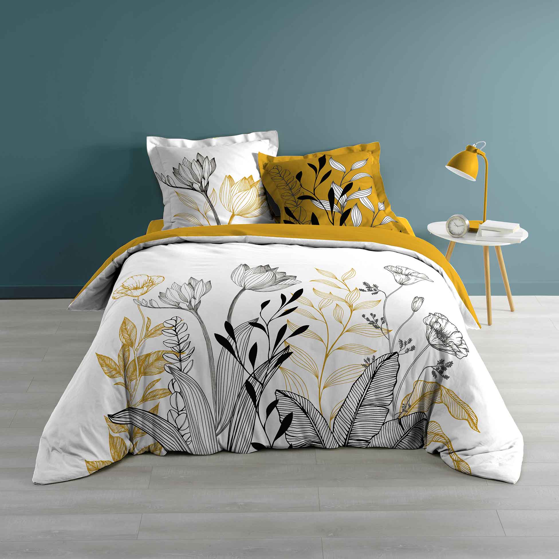 parure de lit fleurs sur tiges coton jaune 220 x 240