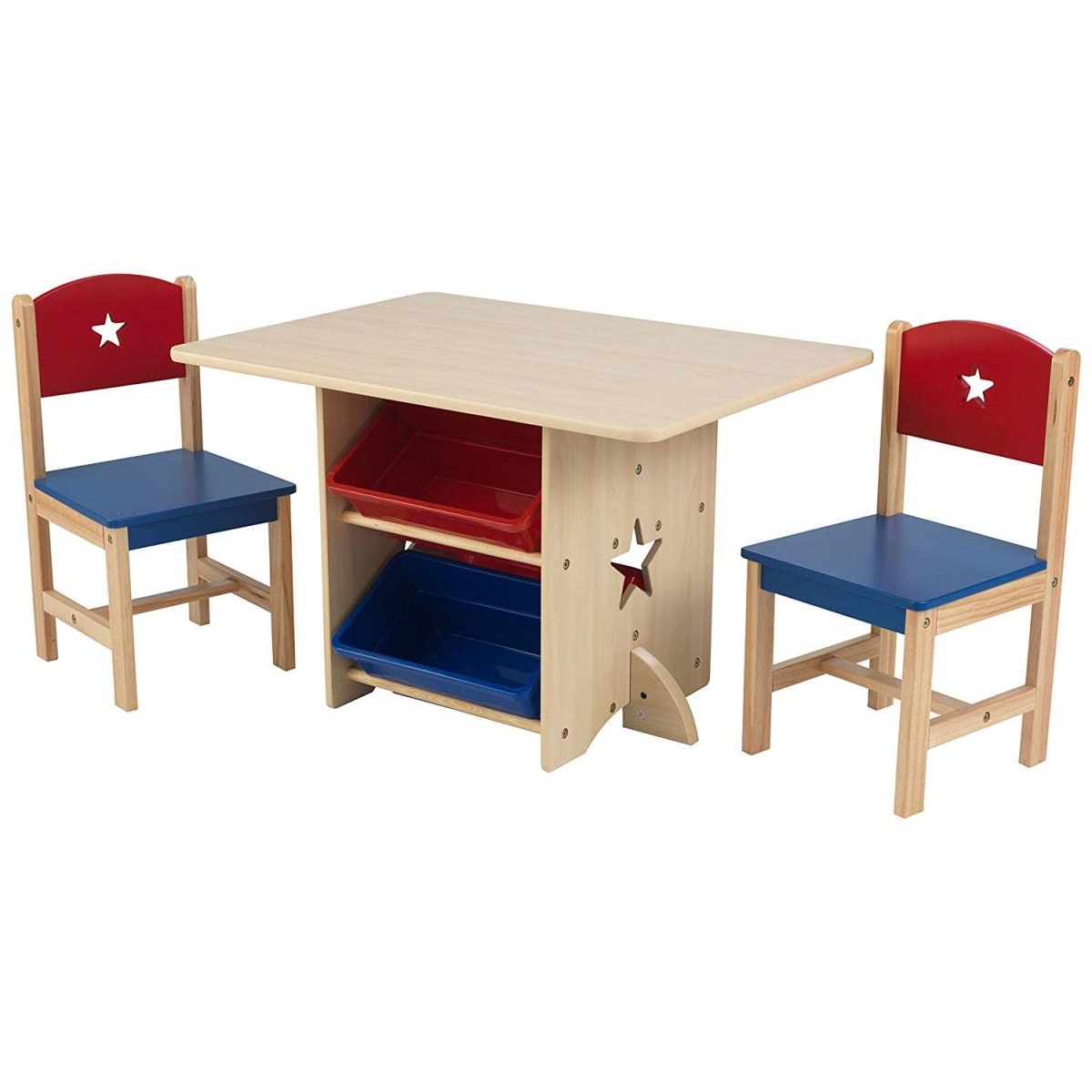 Ensemble table avec 4 bacs de rangement et 2 chaises bleu et rouge