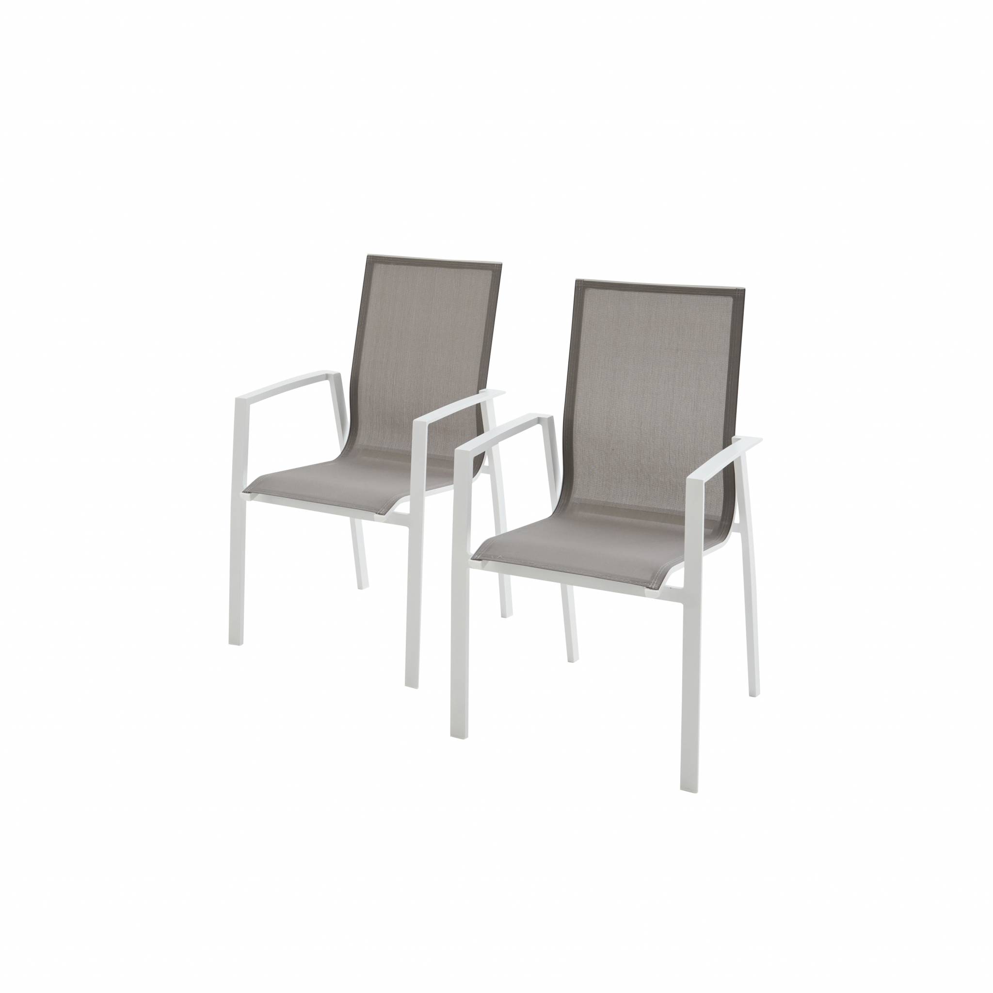 Lot de 2 fauteuils empilables en aluminium blanc et textilène taupe