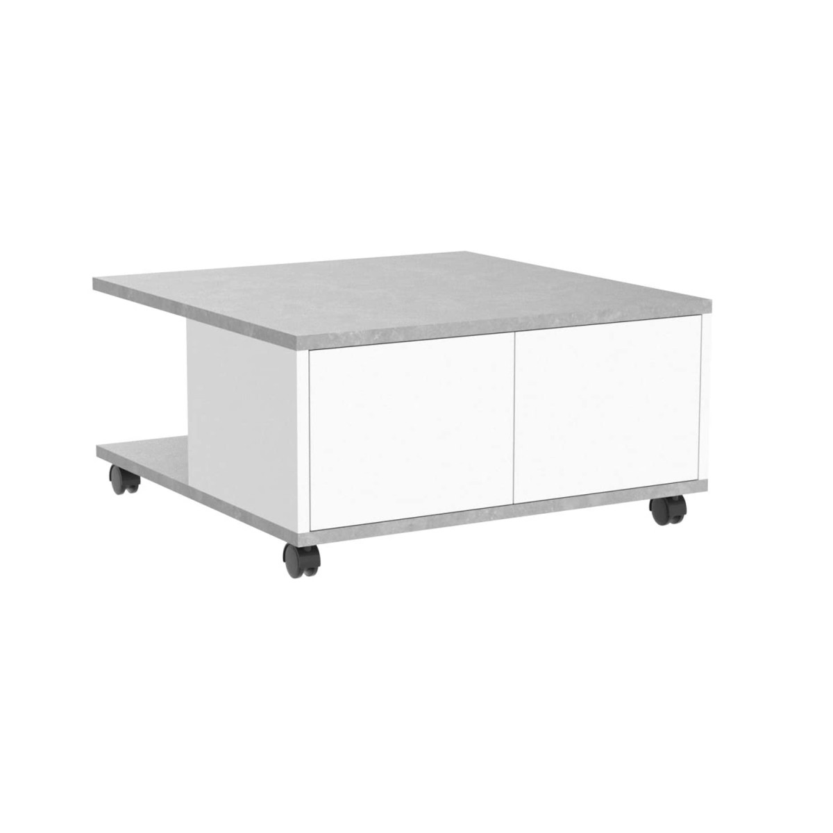 Table Basse Carrée Roulettes 2 Tiroirs L70cm – Gris béton