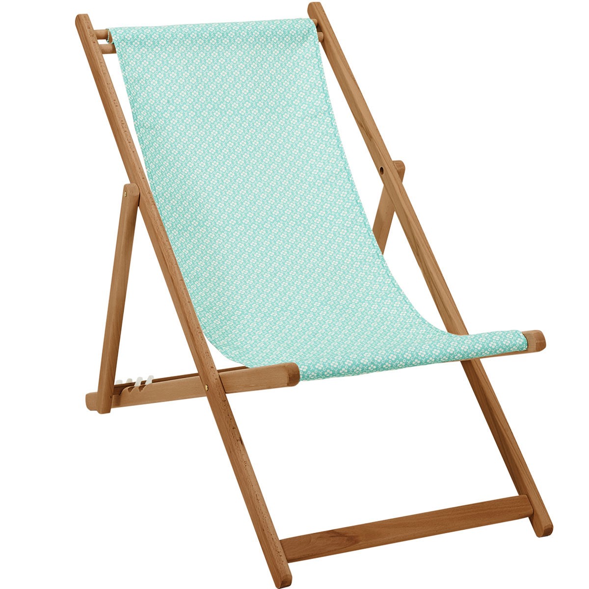 chaise longue pliante en hêtre et imprimé graphique turquoise