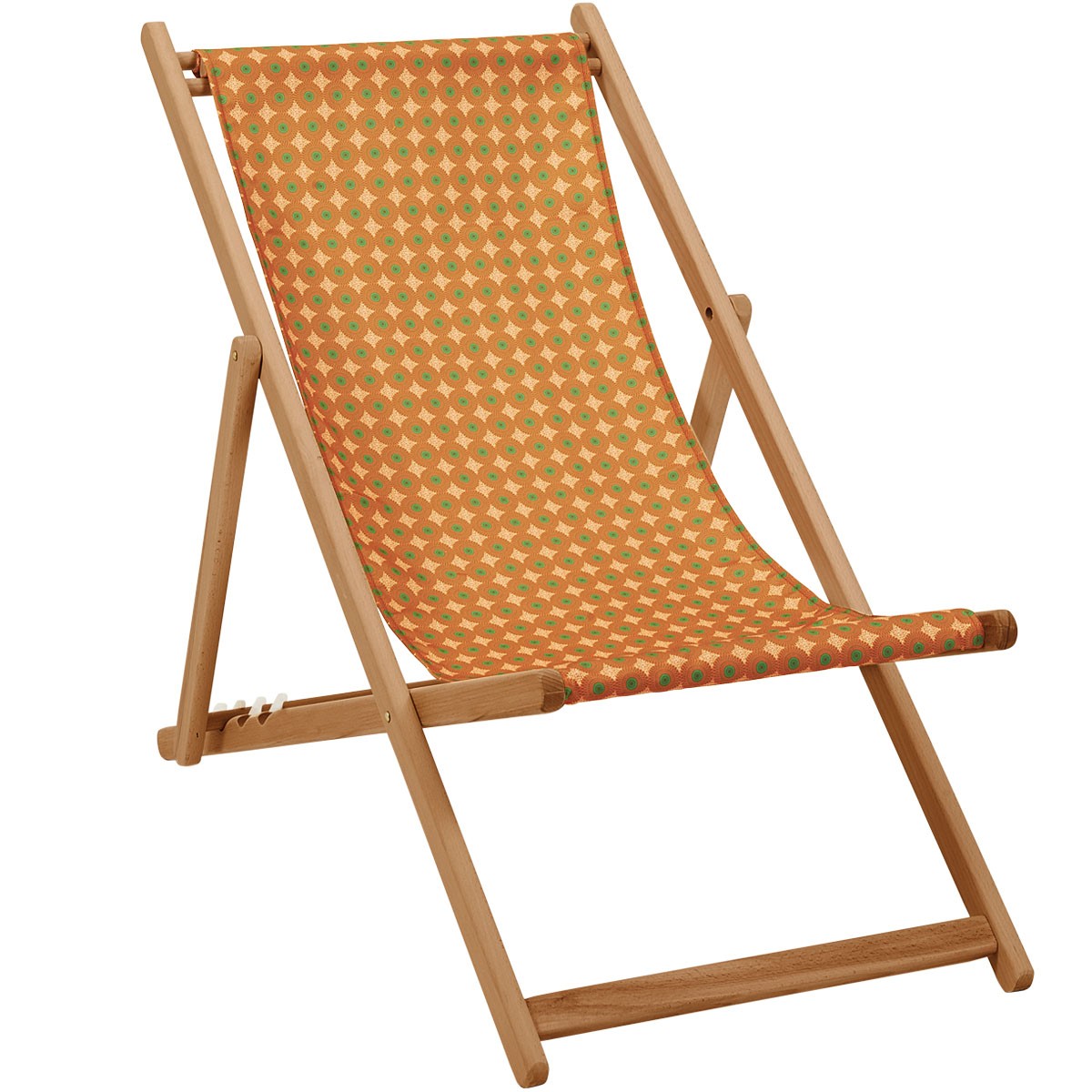 chaise longue pliante en hêtre et imprimé graphique orange