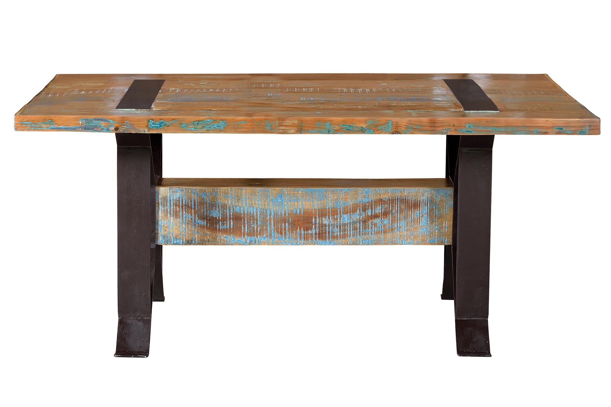Table exclusive en bois recyclé et piètement en métal multicolore