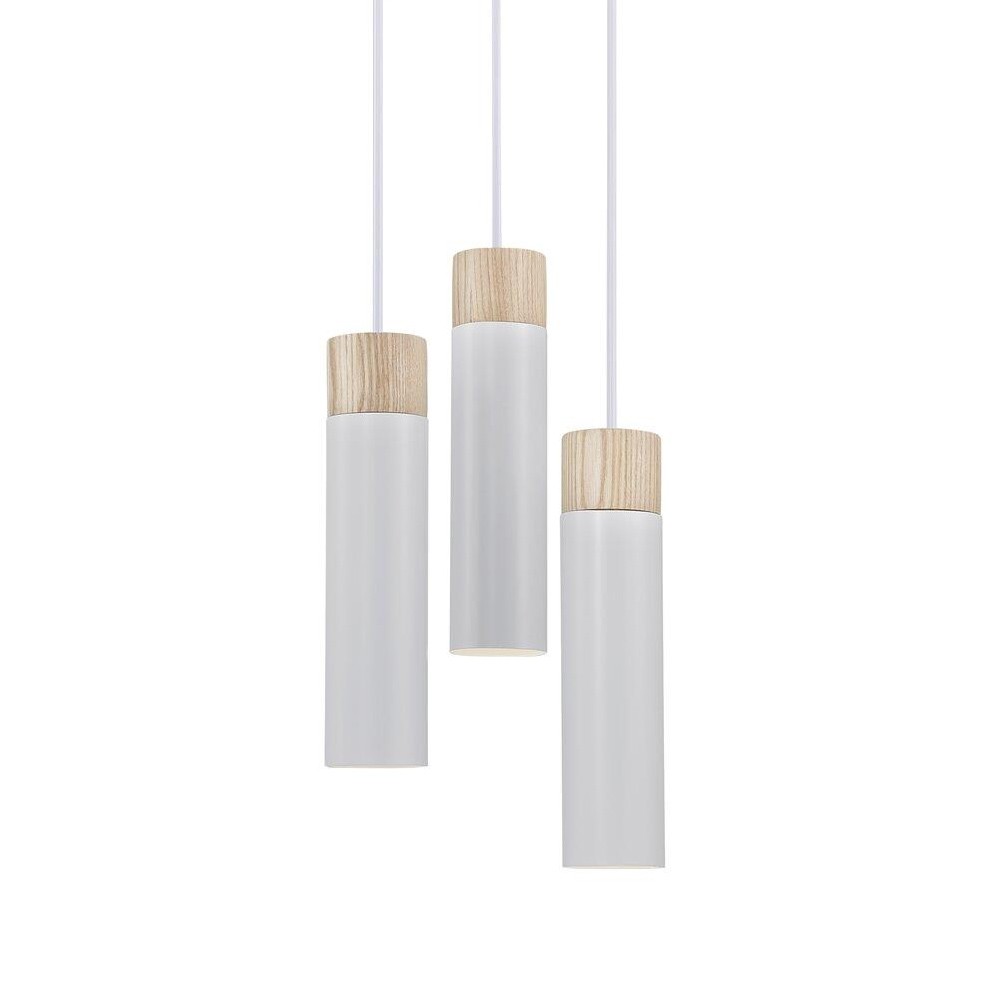 Suspension cylindrique allongé en métal et bois gris 3 lumières ø22cm