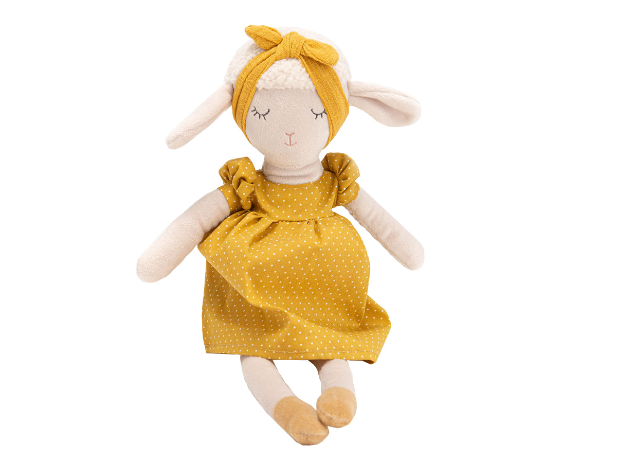 Peluche Mouton robe jaune L7cm x L20cm x H43cm