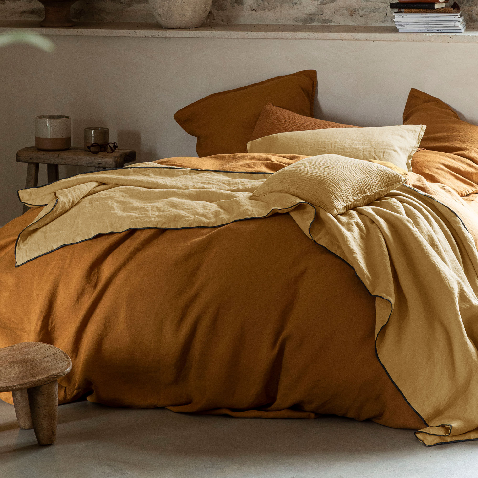 couvre-lit en lin lavé 110x230cm caramel