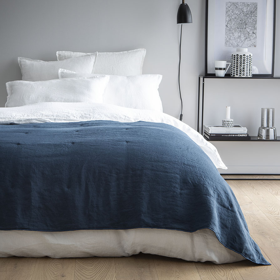 Couvre-lit en lin lavé 110x230 cm Bleu nuit