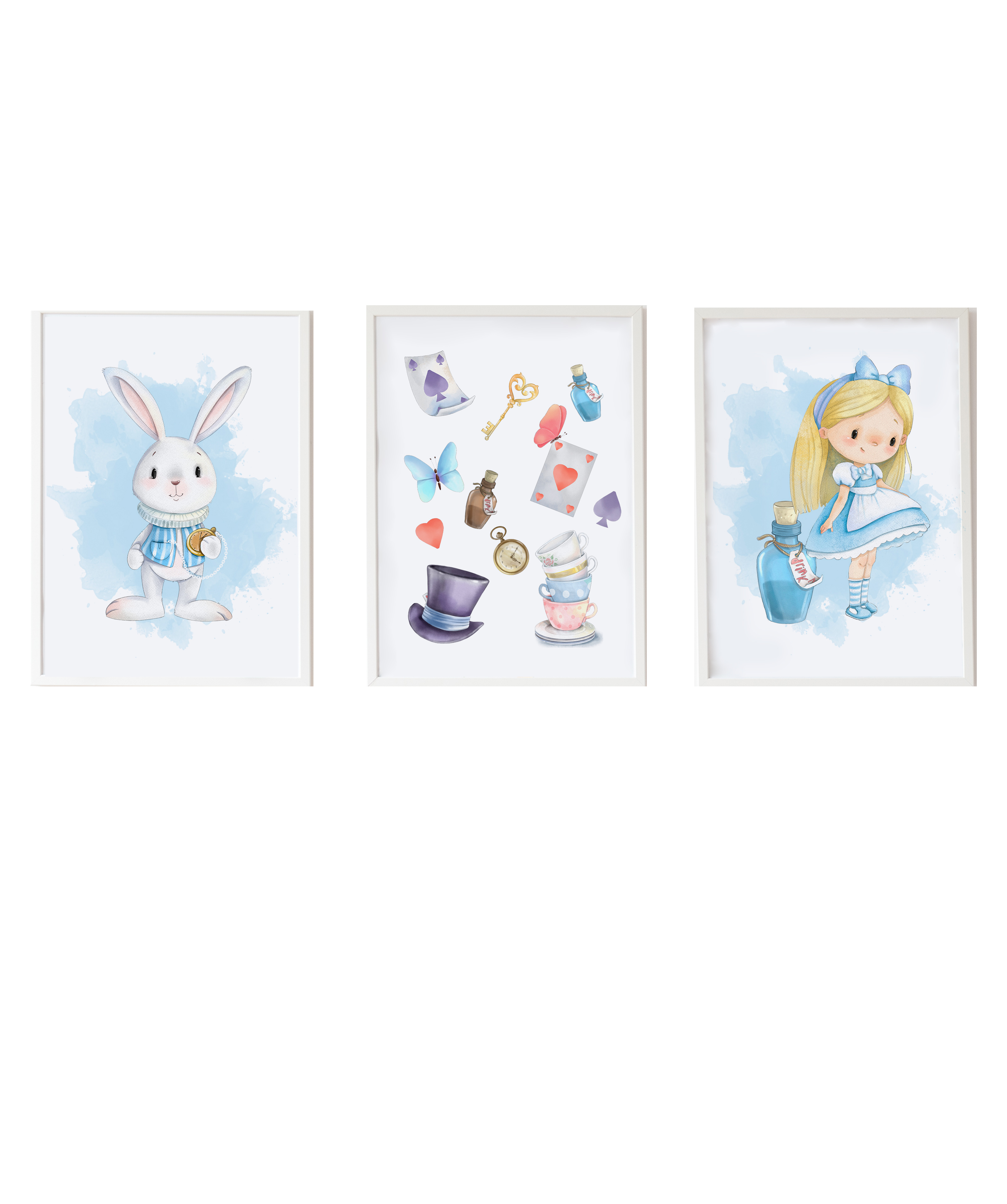 Pack encadré bois blanc impression le lapin Alice et objets 43X33 cm