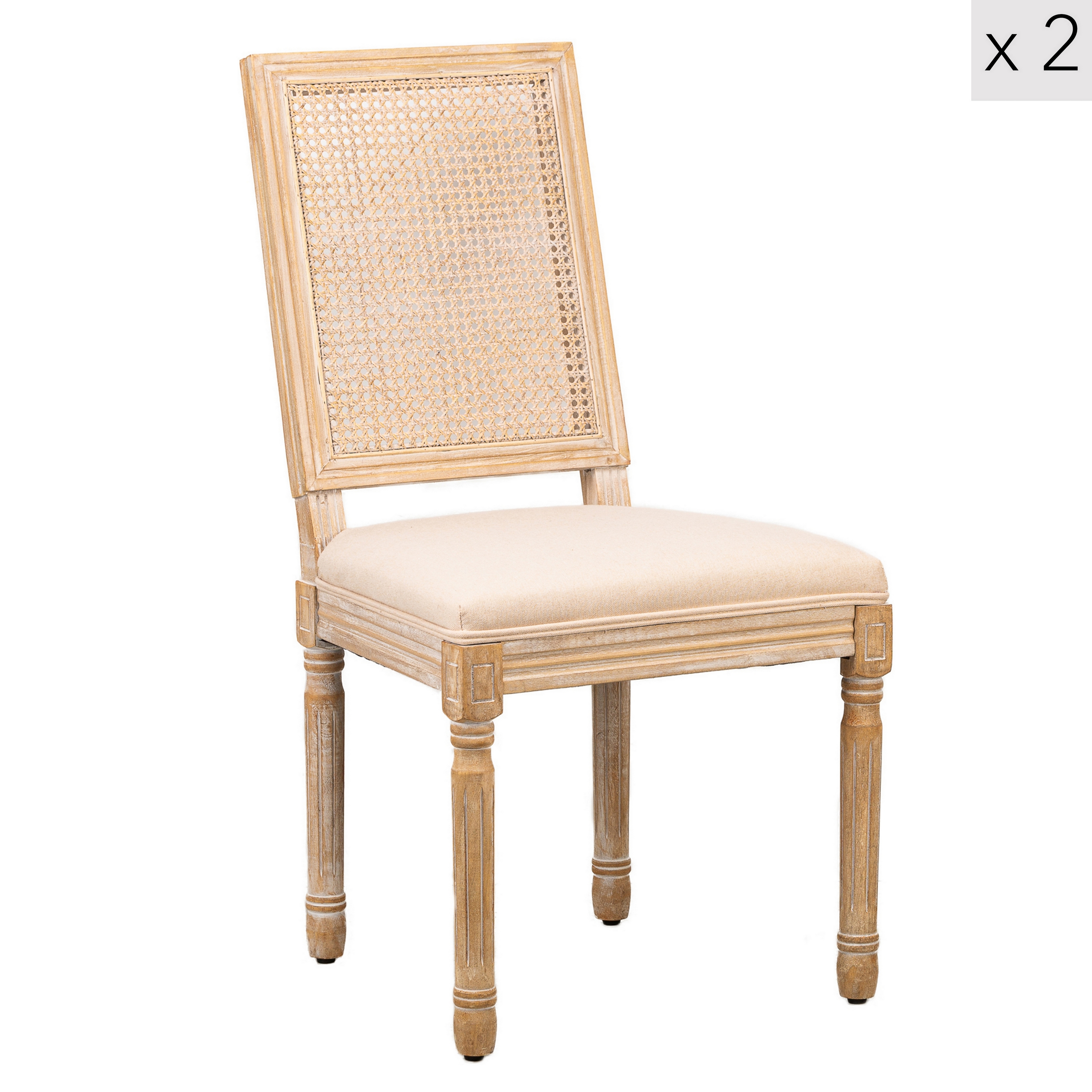 Lot de 2 chaises en bois et cannage avec assise en tissu beige