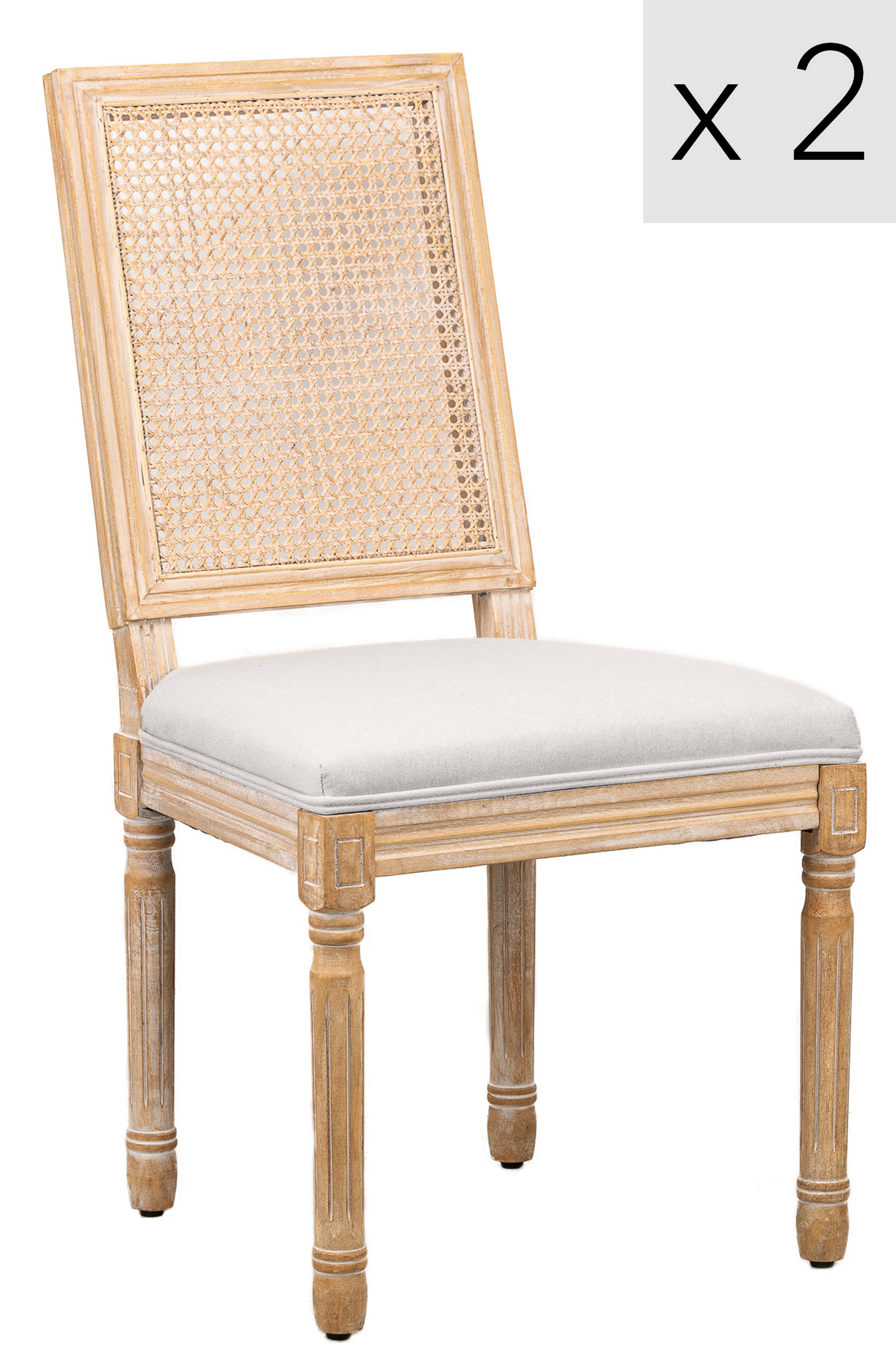 Lot de 2 chaises en bois et cannage avec assise en tissu gris clair