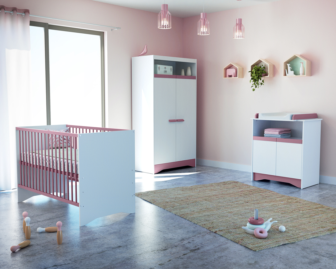 Chambre bébé : lit 60x120, armoire et commode à langer. Blanc et rose