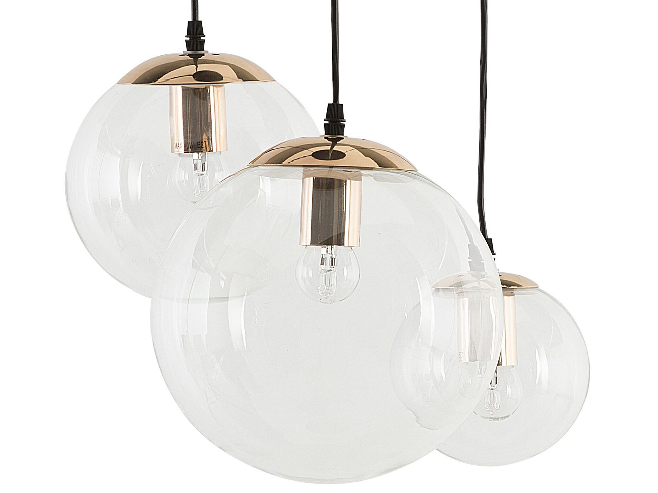 lampe suspension 3 ampoules transparente dorée