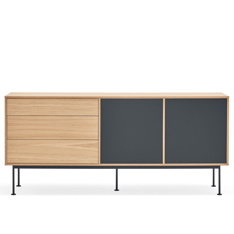 Buffet bas contemporain en bois 3 tiroirs 2 portes gris anthracite