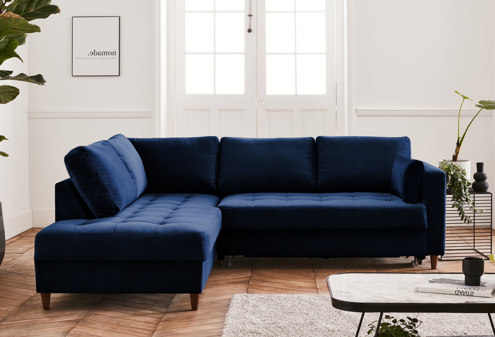 Anna - Canapé d'angle convertible 5 places Velours Bleu nuit - Vue supplémentaire 2