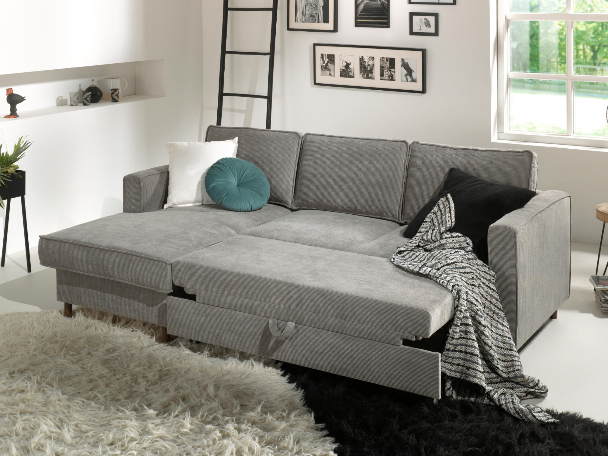 Jake - Canapé d'angle gauche convertible 4 places Velours côtelé Gris clair - Vue supplémentaire 2