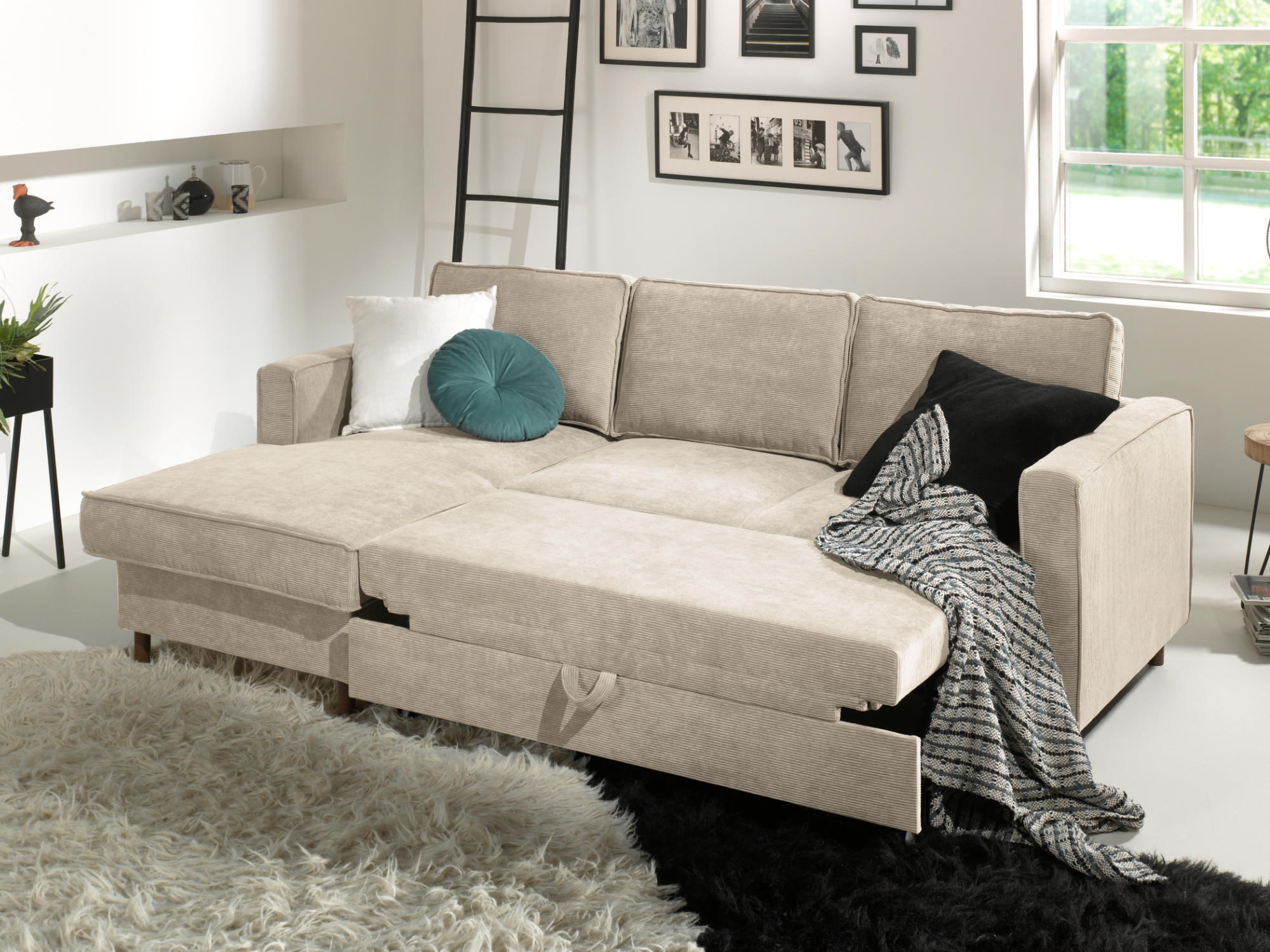 Jake - Canapé d'angle gauche convertible 4 places Velours côtelé Beige - Vue supplémentaire 2