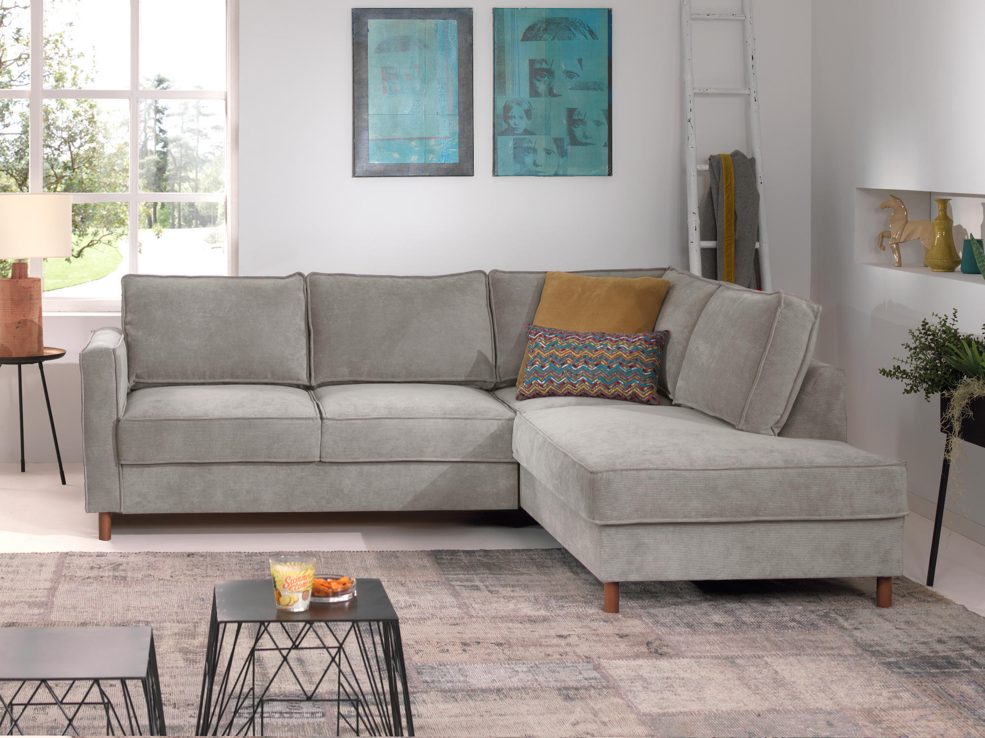 Jake - Canapé d'angle convertible 5 places Velours côtelé Gris clair - Vue supplémentaire 2