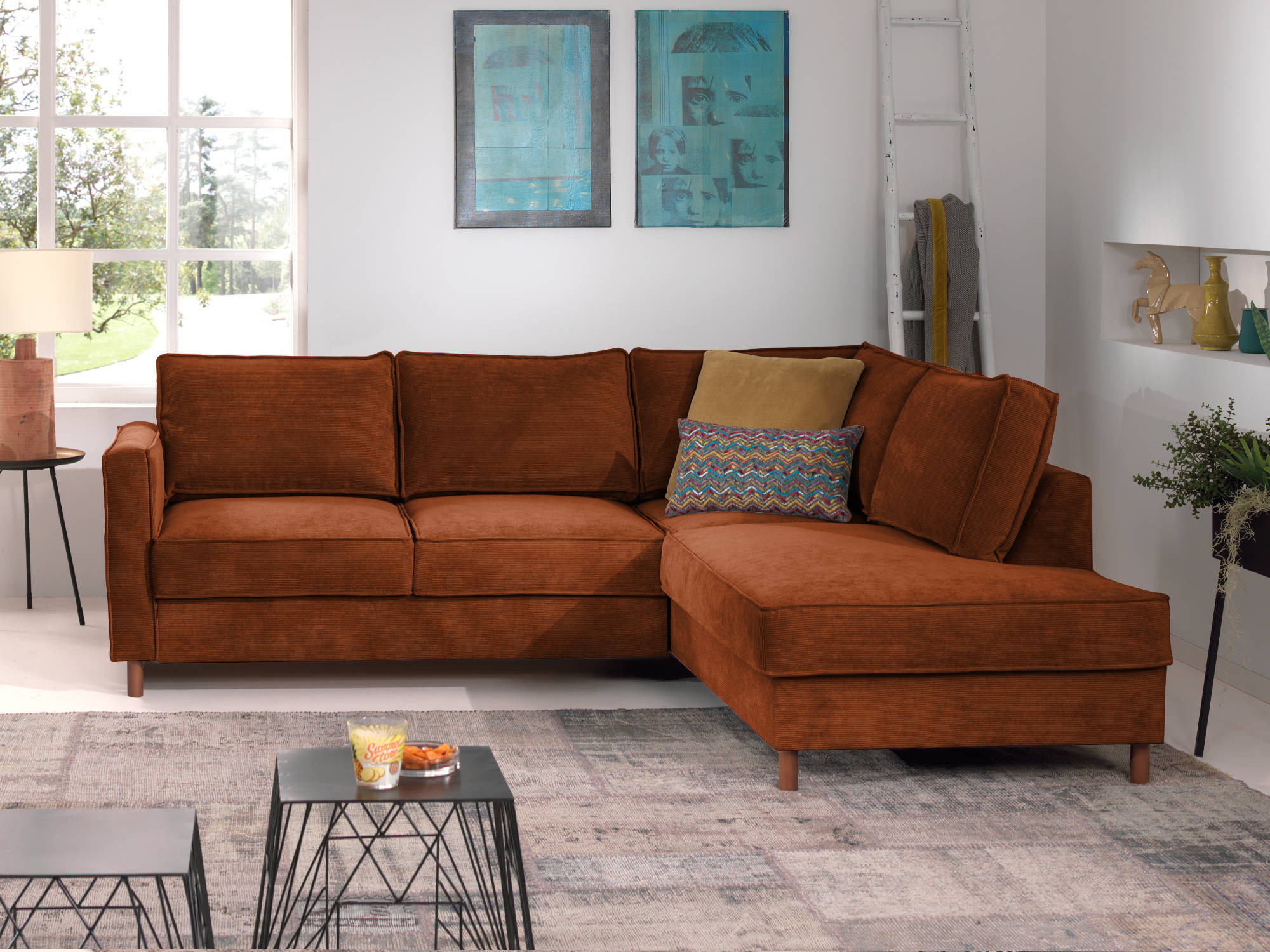 Jake - Canapé d'angle droit convertible 5 places Velours côtelé Rouille - Vue supplémentaire 2