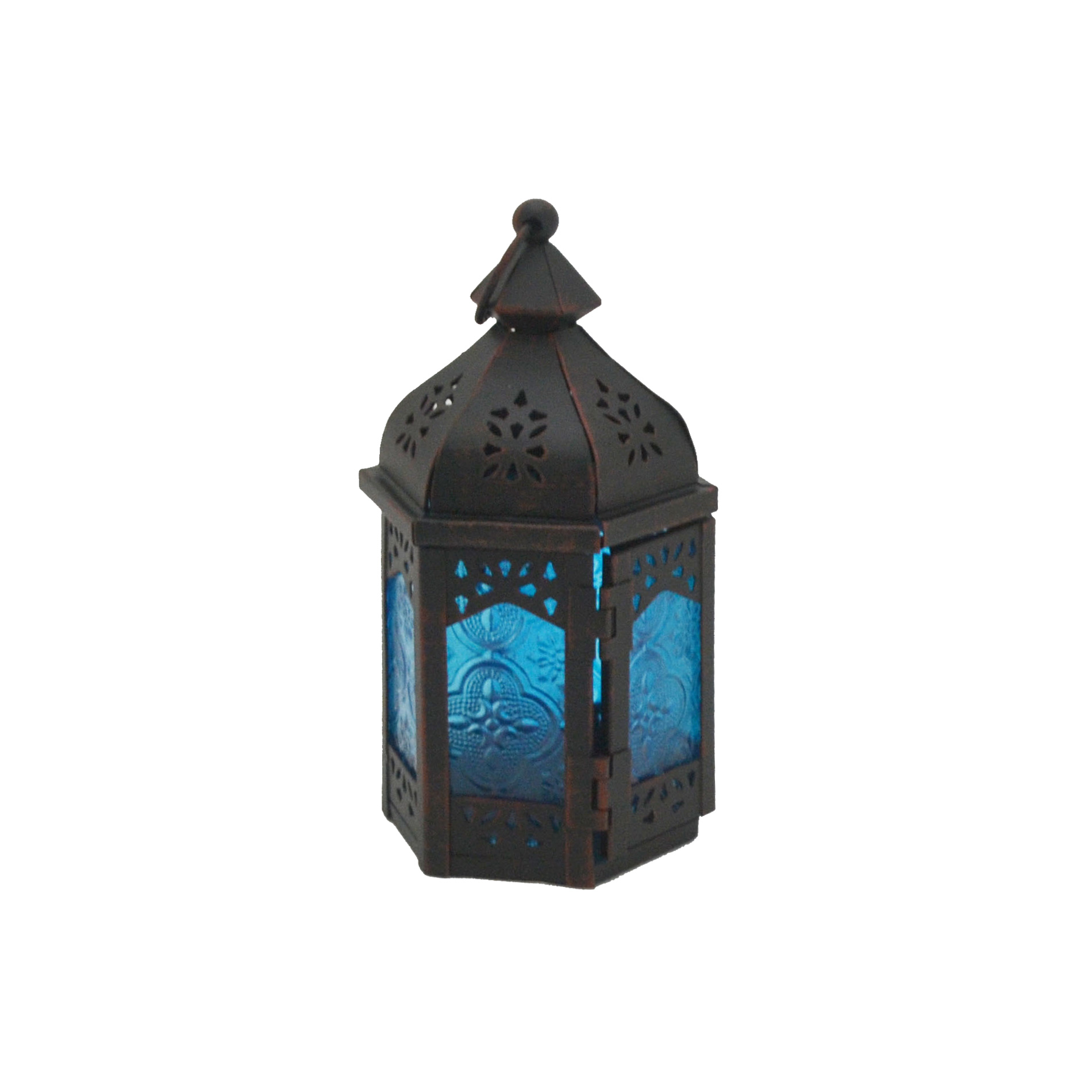 Lanterne ethnique 9x8x17 cm en métal et verre noir et bleu