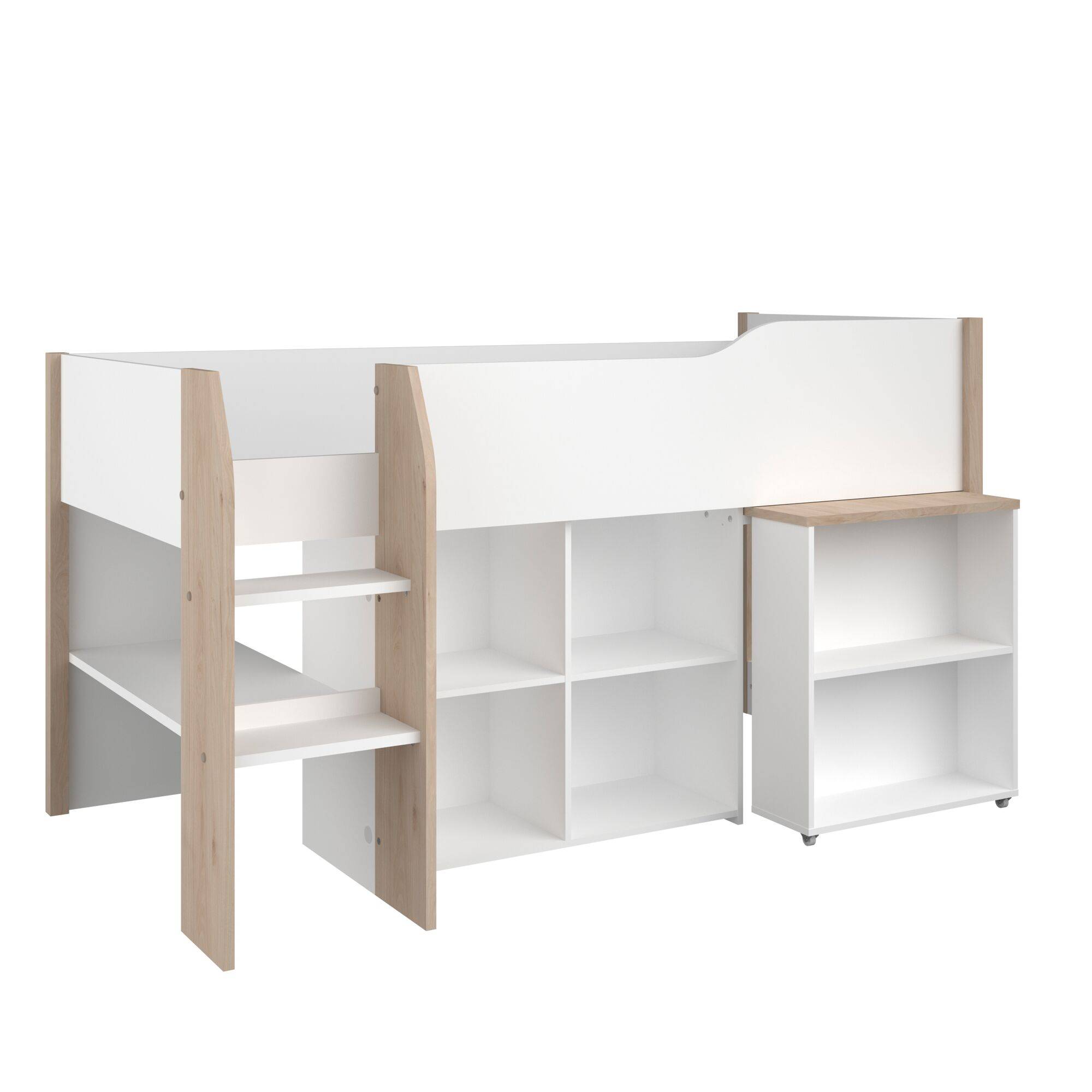 Lit mezzanine avec bureau et niches 90x200 cm - Décor blanc et bois