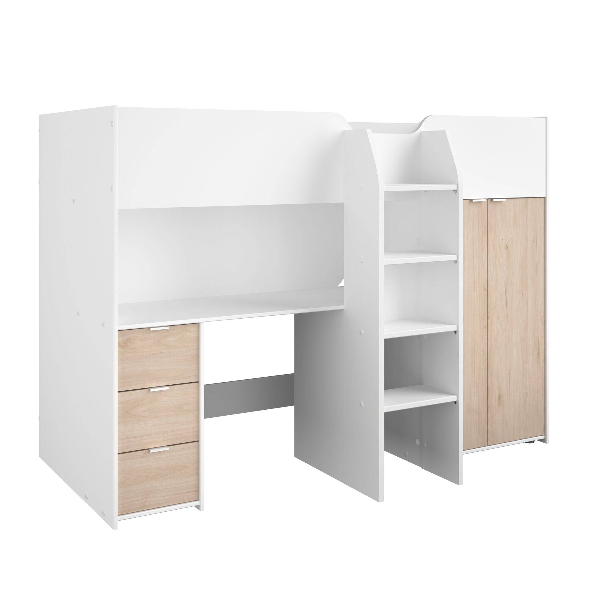 Lit Combiné Blanc avec Bureau, Rangements et Penderie - 90x200 cm
