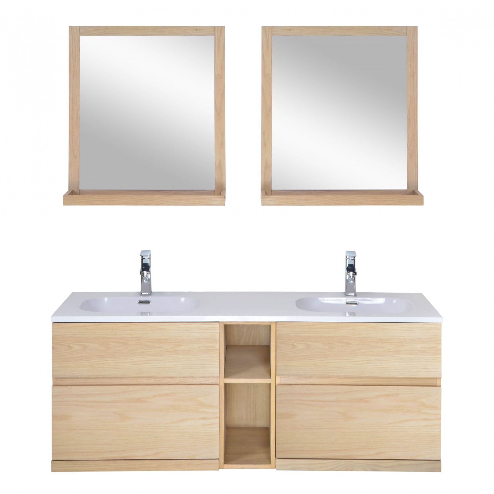 Meuble de salle de bain avec vasque et miroirs effet bois clair