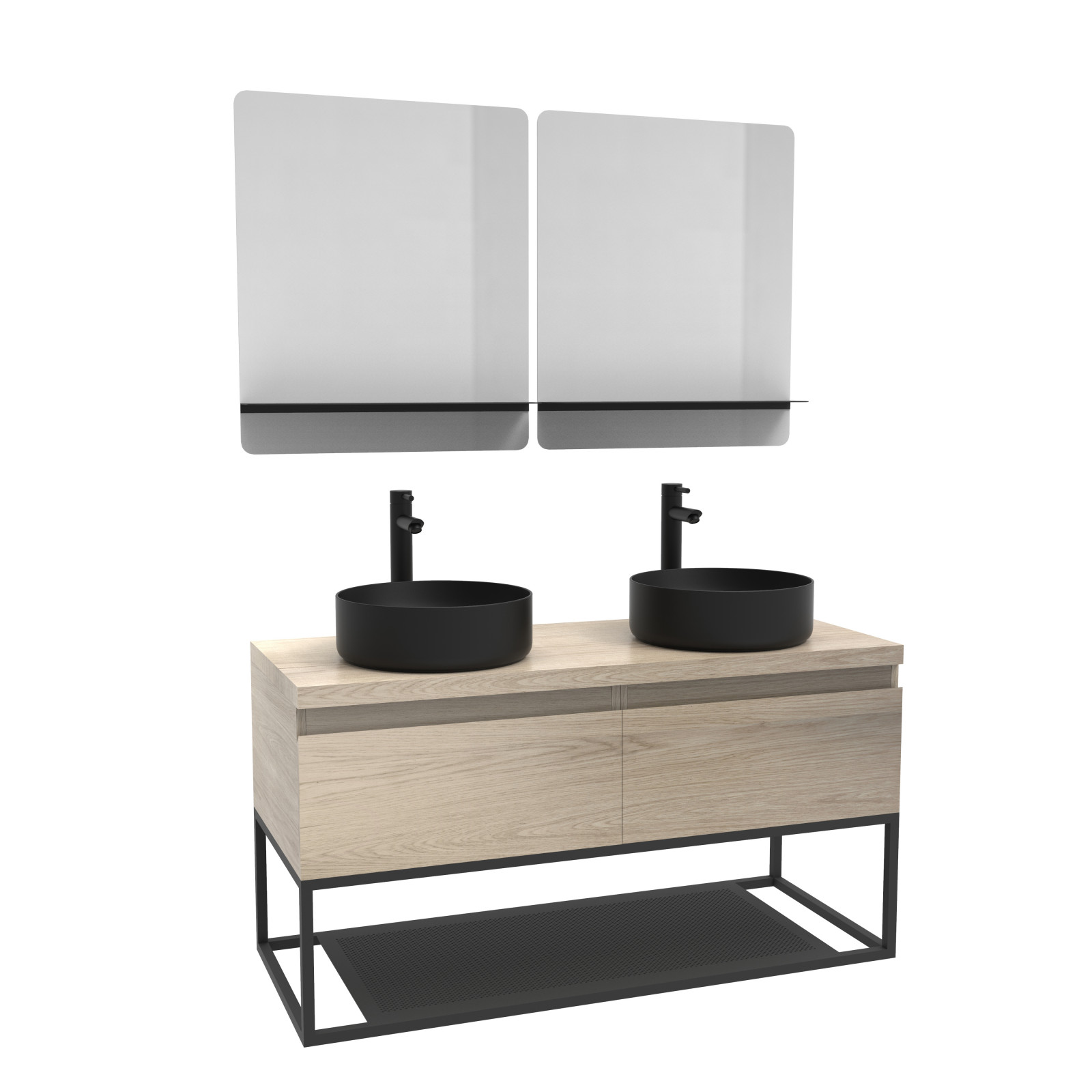 Meuble de salle de bain bois et métal avec vasques noires et miroirs Meuble de salle de bain bois et métal avec vasques noires et miroirs