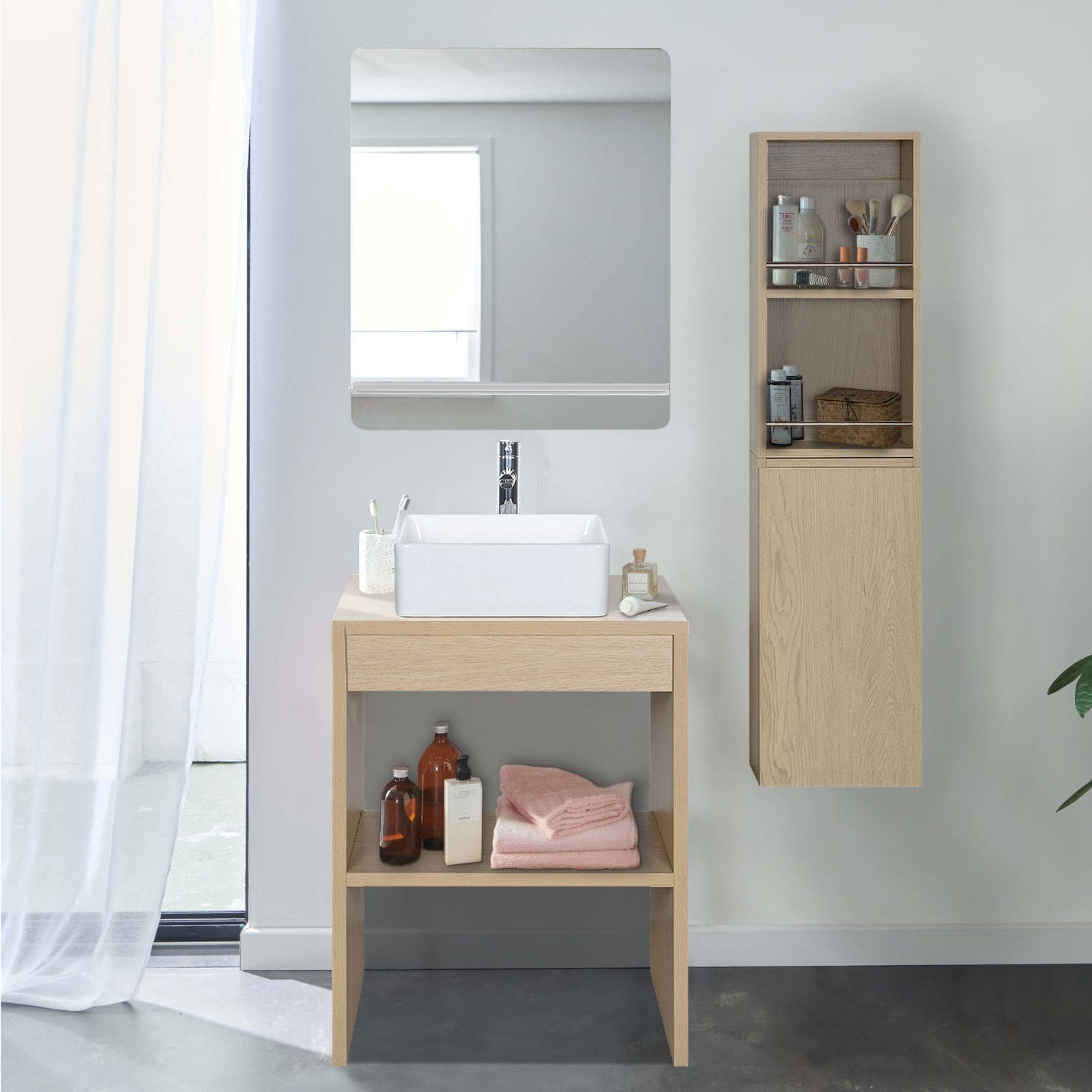 Meuble de salle de bain 60 cm avec colonne, miroir et vasque Meuble de salle de bain 60 cm avec colonne, miroir et vasque