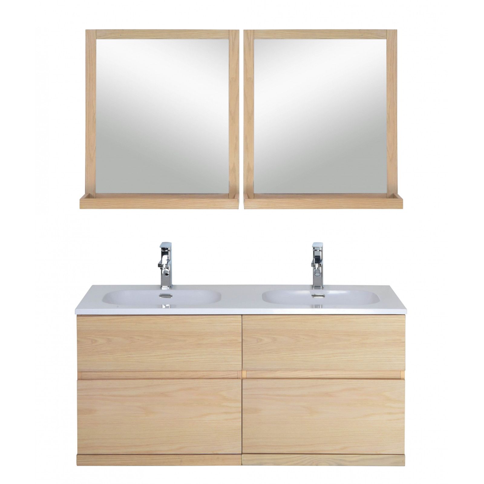 Meuble de salle de bain avec vasque et miroirs effet bois clair