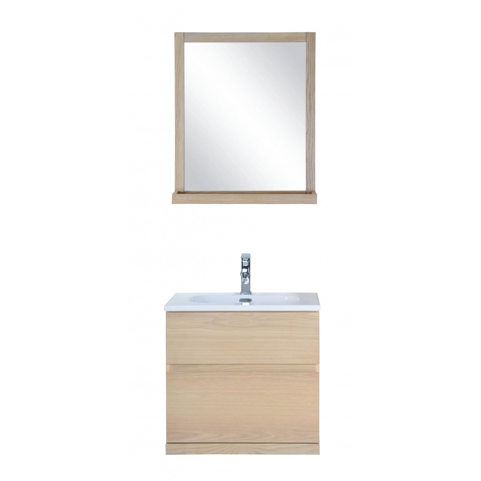 Meuble de salle de bain avec vasque et miroir effet bois clair
