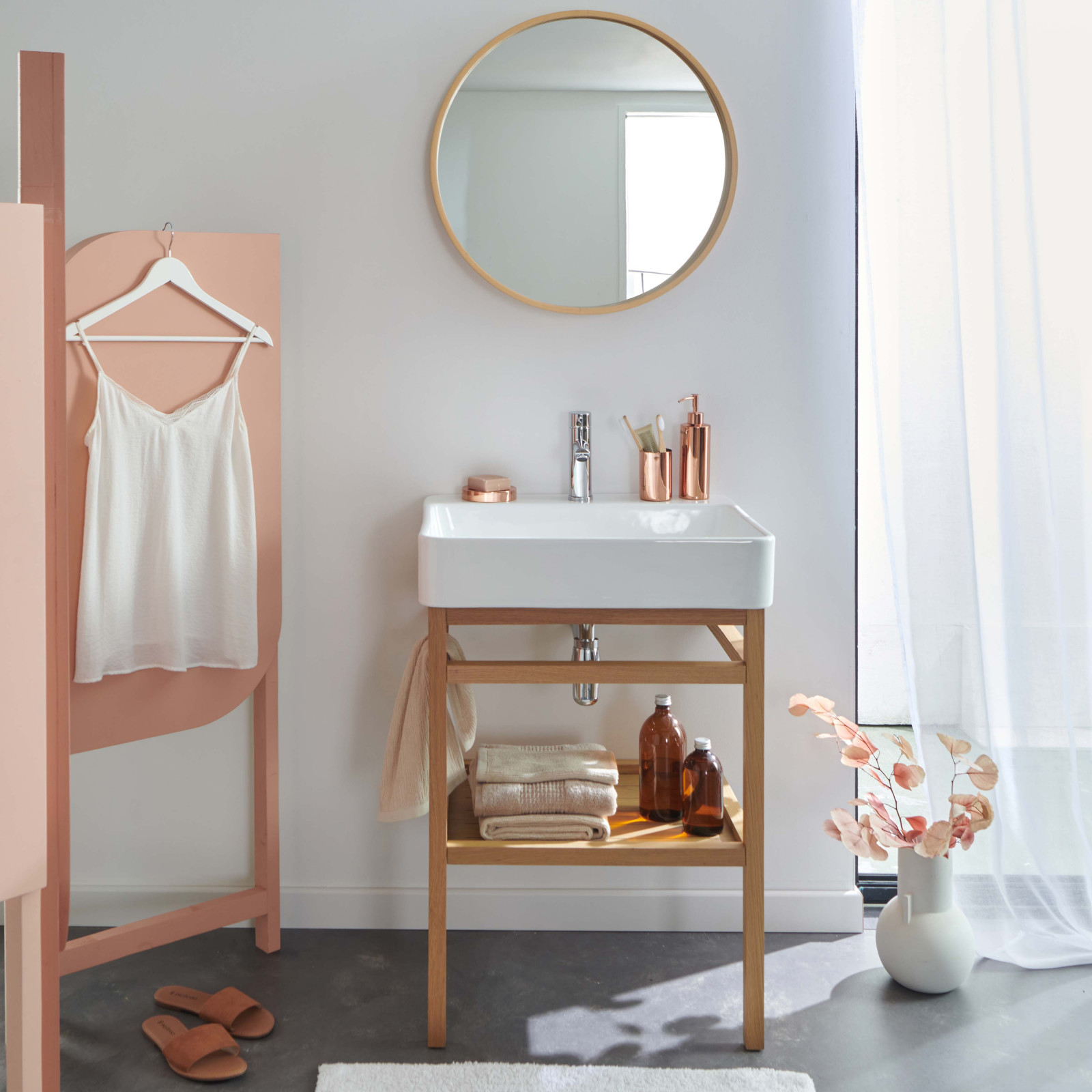 Meuble de salle de bain 60 cm avec miroir rond et vasque