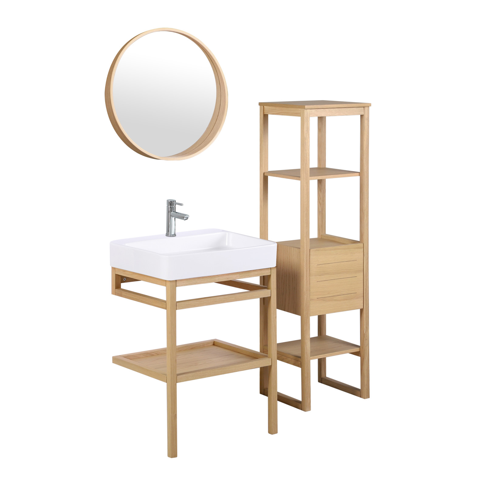 Ensemble de salle de bain 60cm avec miroir rond et vasque