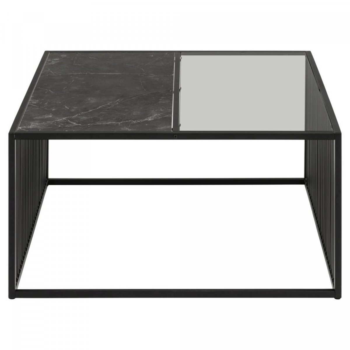 Table basse carrée effet marbre, verre et métal noir