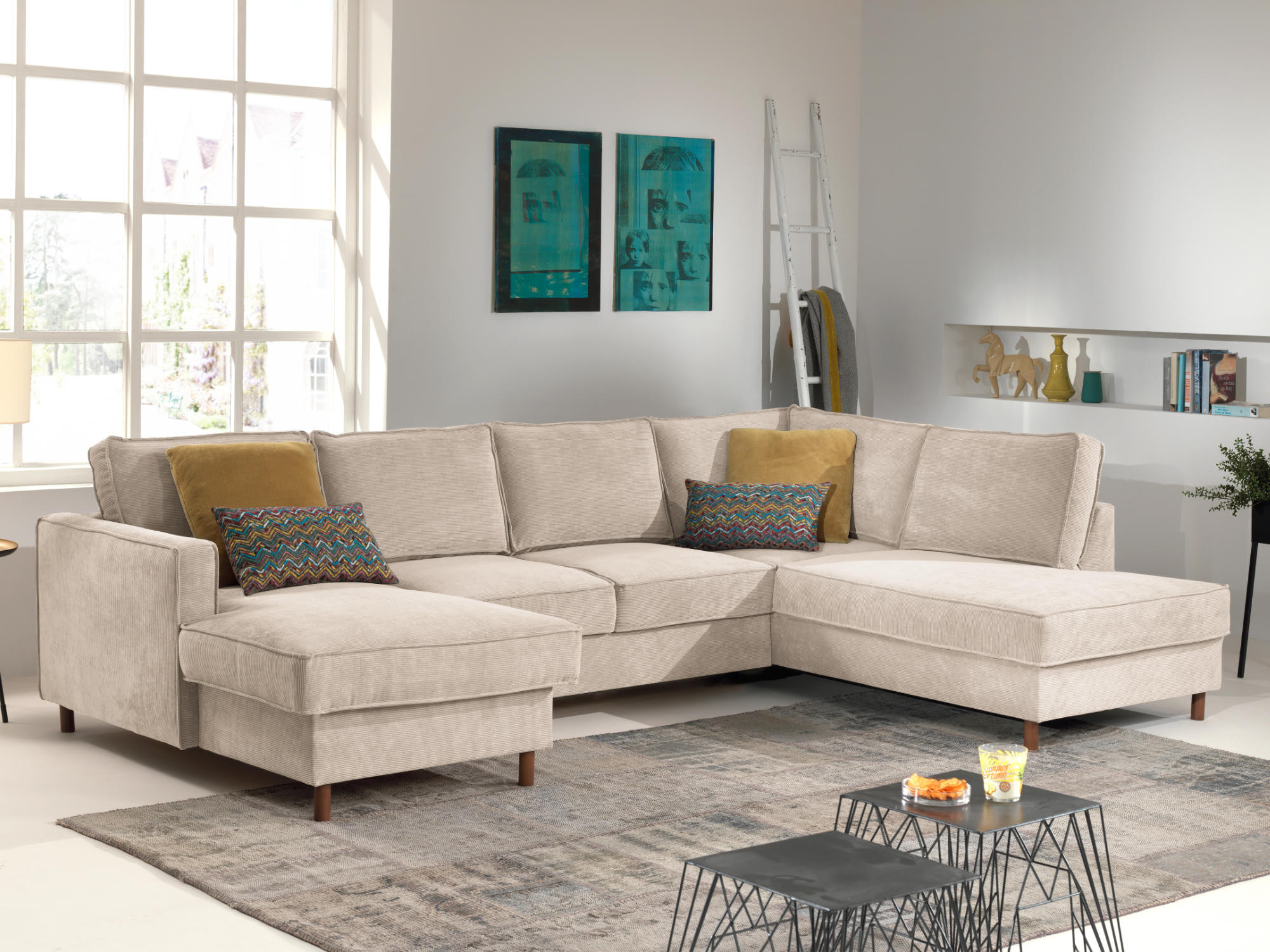 Canapé panoramique Angle droit 7 places Velours côtelé Beige - Vue supplémentaire 1