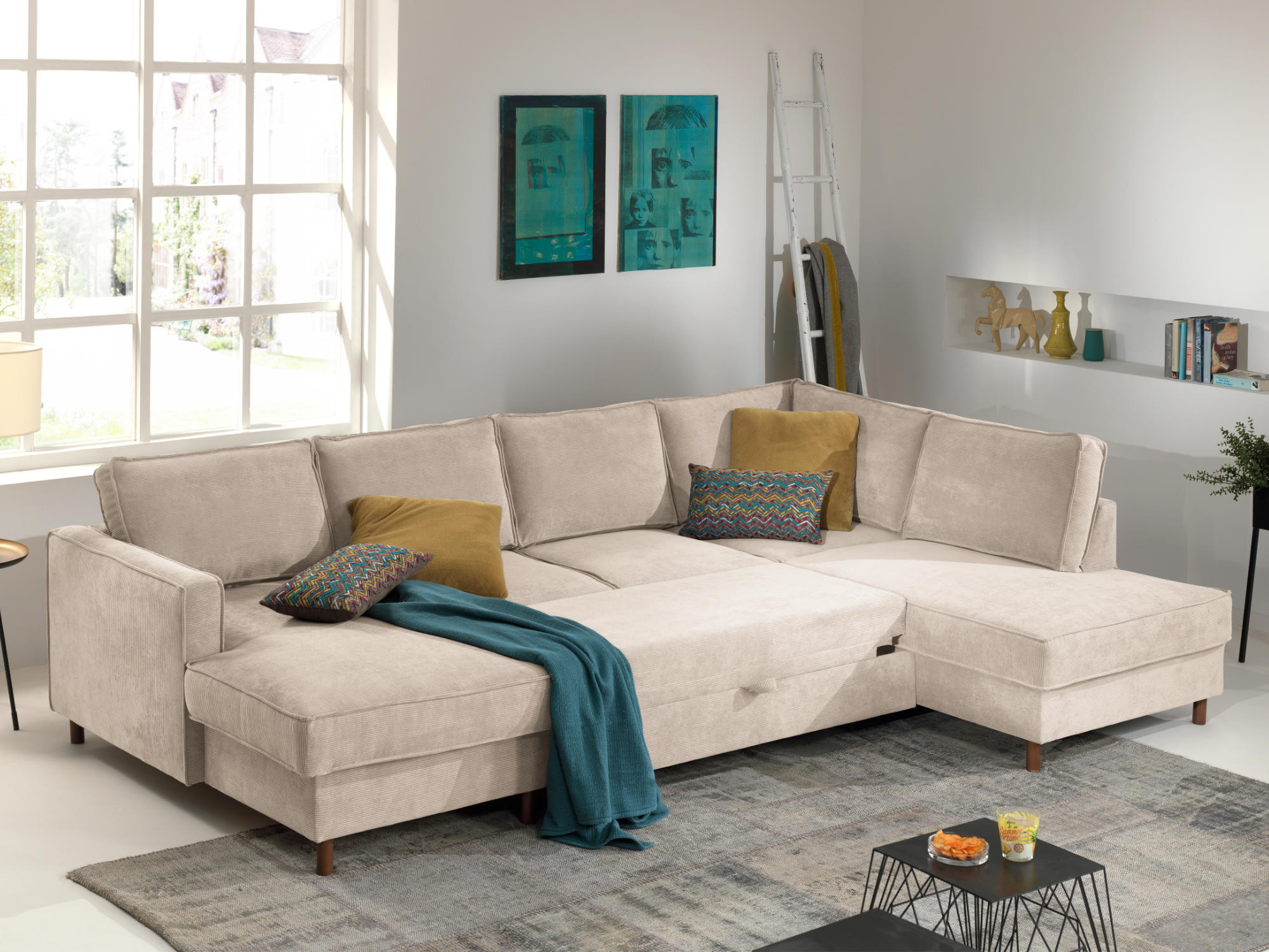 Canapé panoramique Angle droit 7 places Velours côtelé Beige - Vue supplémentaire 2