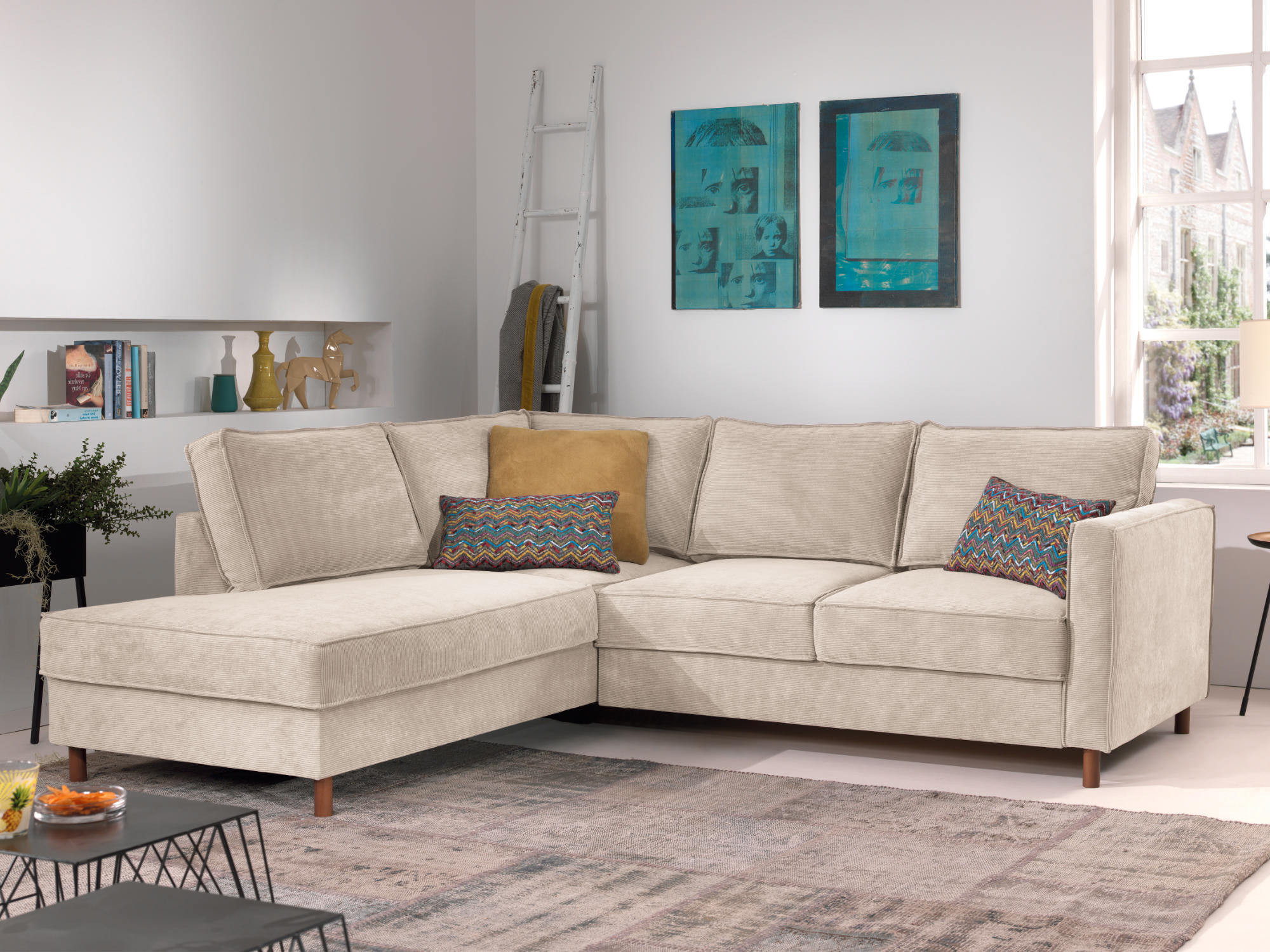 Jake - Canapé d'angle gauche convertible 5 places Velours côtelé Beige - Vue supplémentaire 1