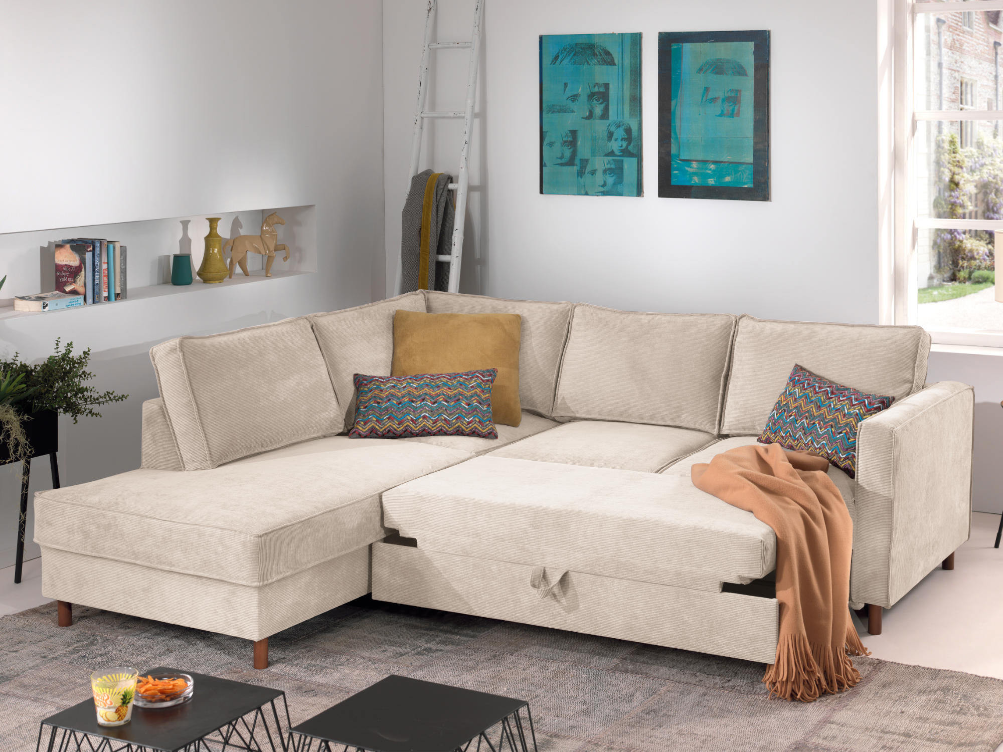 Jake - Canapé d'angle gauche convertible 5 places Velours côtelé Beige - Vue supplémentaire 2