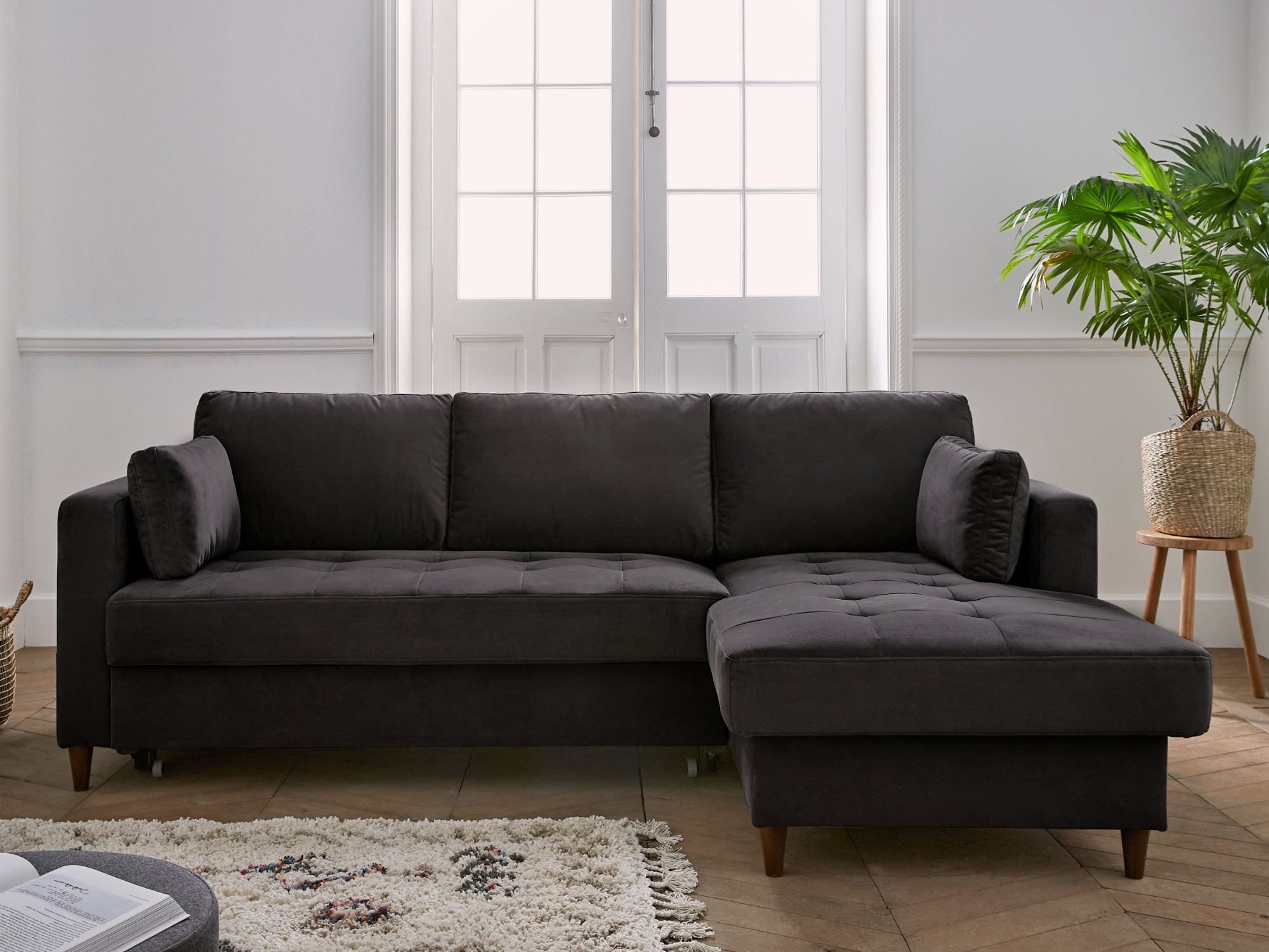 Anna - Canapé d'angle droit convertible 4 places Velours Gris foncé - Vue supplémentaire 2