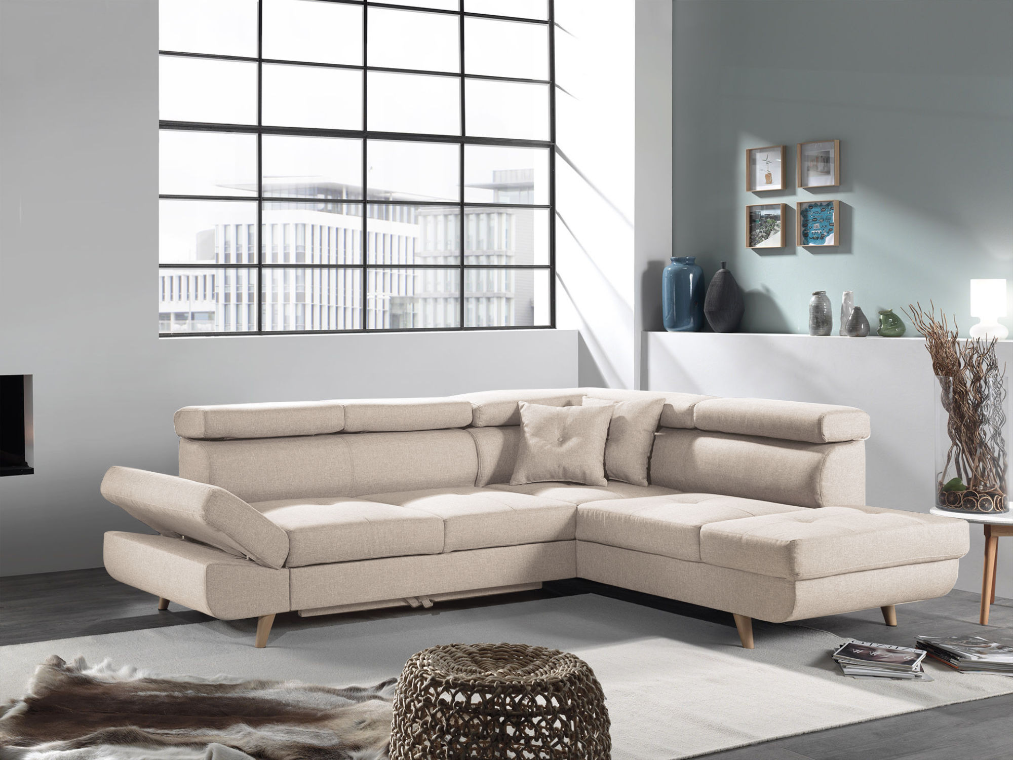 Canapé d'angle droit convertible 5 places Tissu Beige - Vue supplémentaire 2