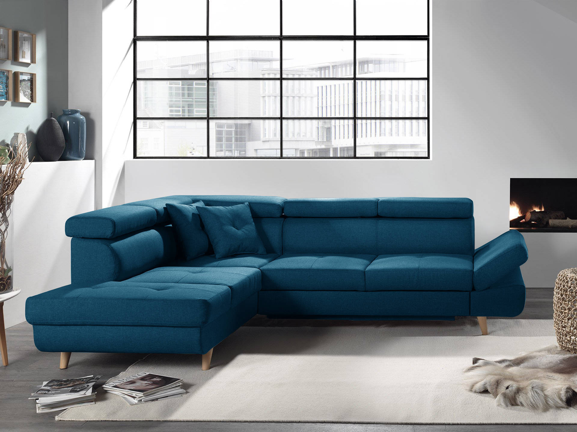 Canapé d'angle gauche convertible 5 places Tissu Bleu canard - Vue supplémentaire 1