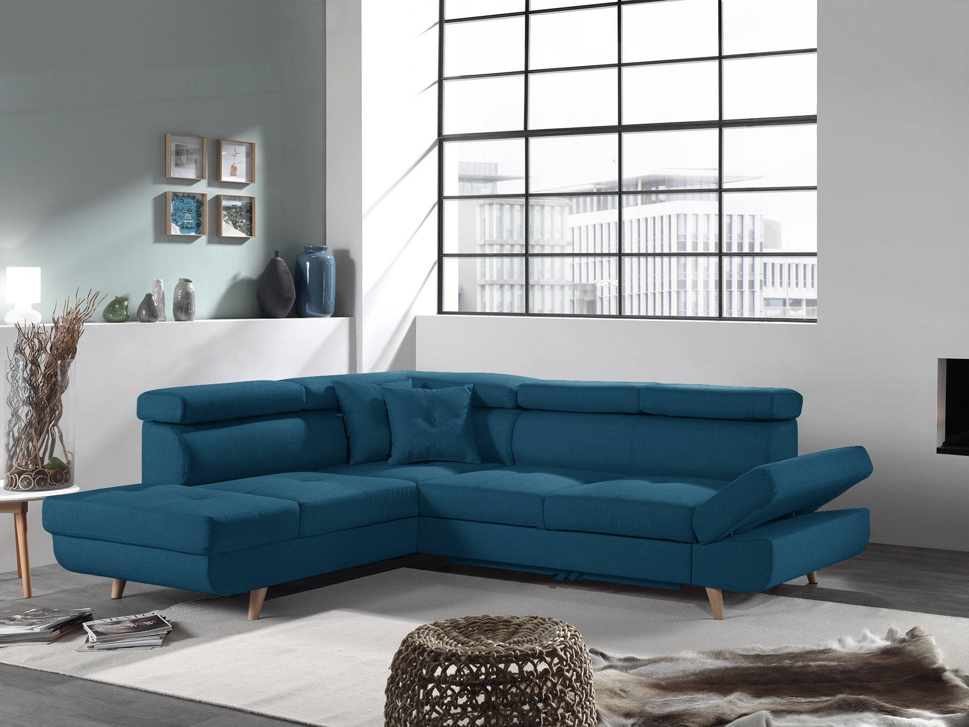 Canapé d'angle gauche convertible 5 places Tissu Bleu canard - Vue supplémentaire 2