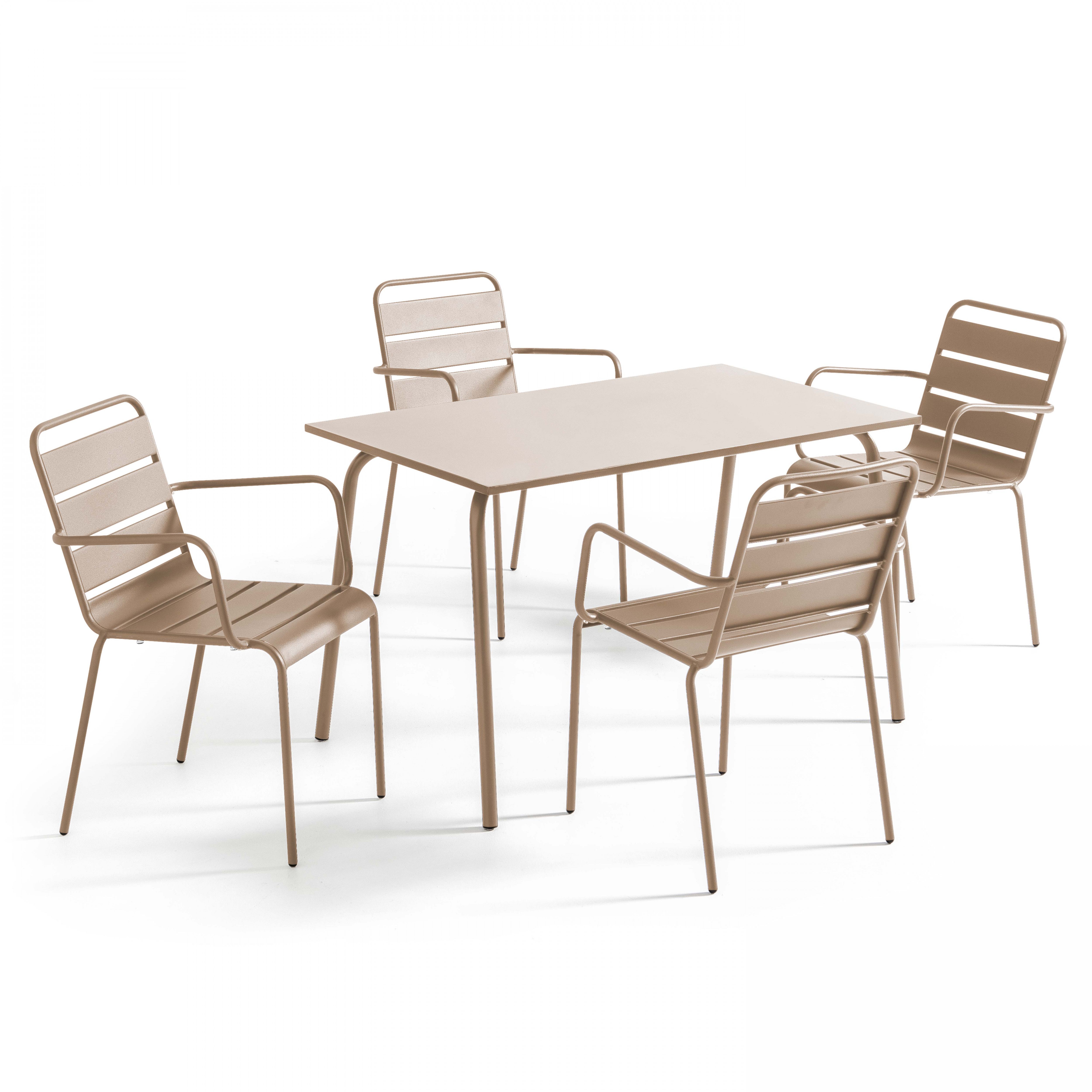 Ensemble table de jardin et 4 fauteuils en métal taupe