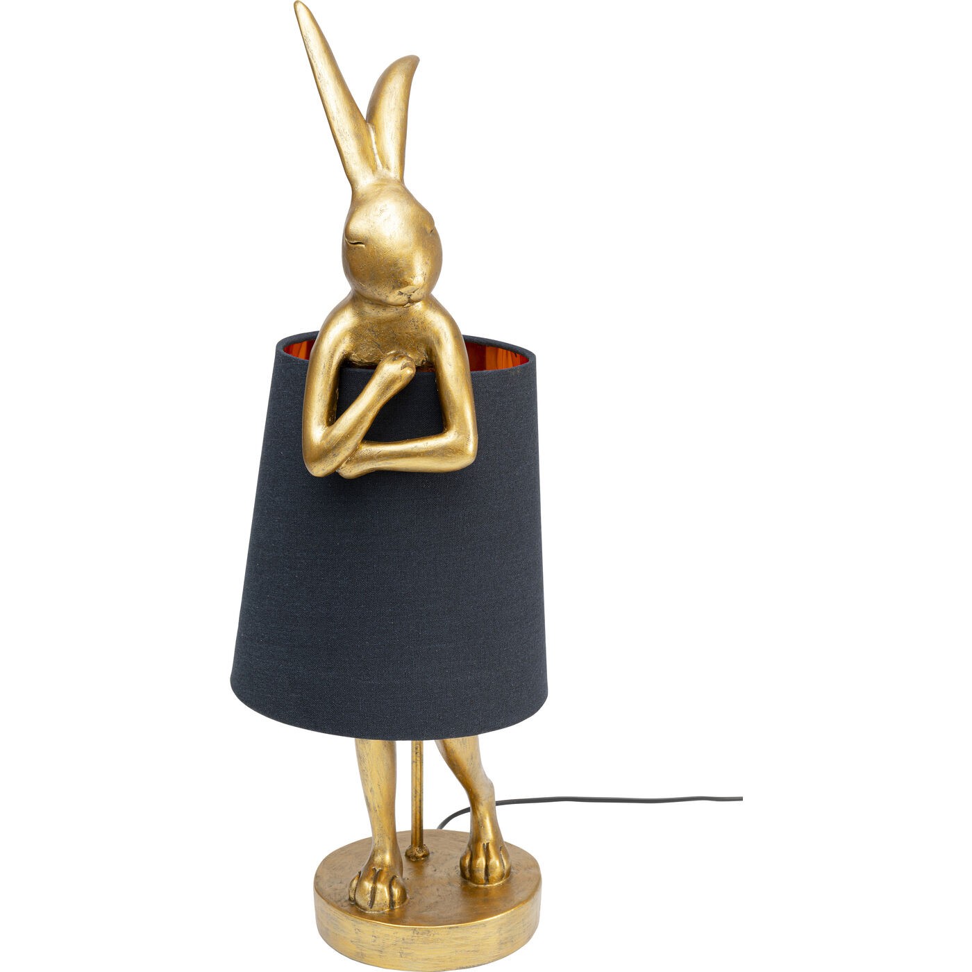 lampe lapin en polyrésine dorée et abat-jour en lin noir h68