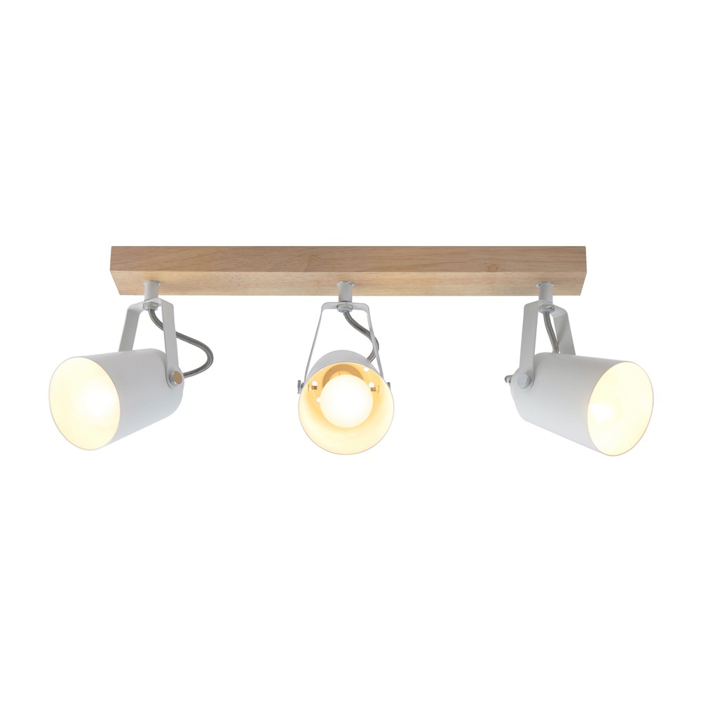 lampe de plafond en bois et 3 spots en métal blanc orientables