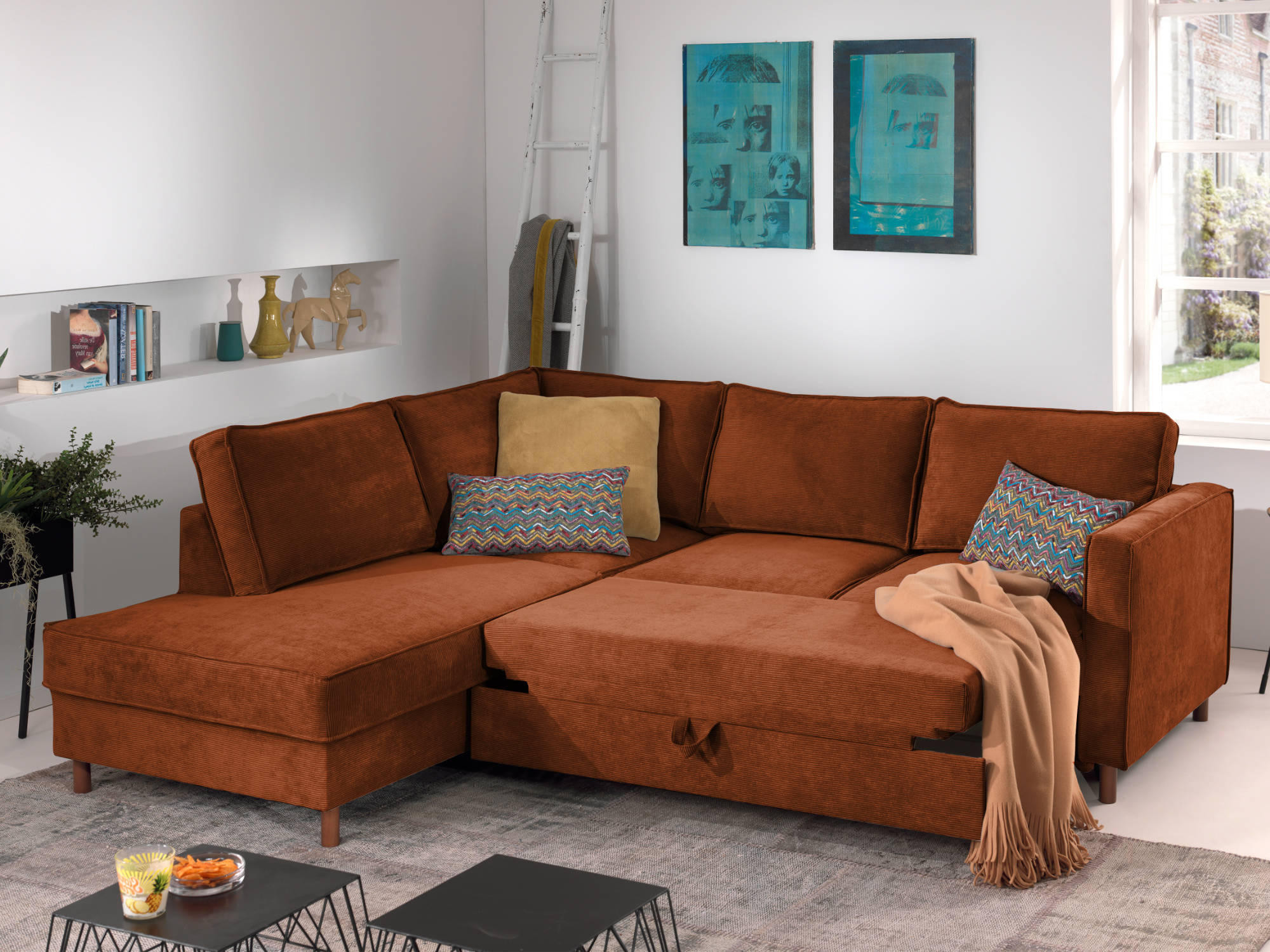 Jake - Canapé d'angle gauche convertible 5 places Velours côtelé Rouille - Vue supplémentaire 2