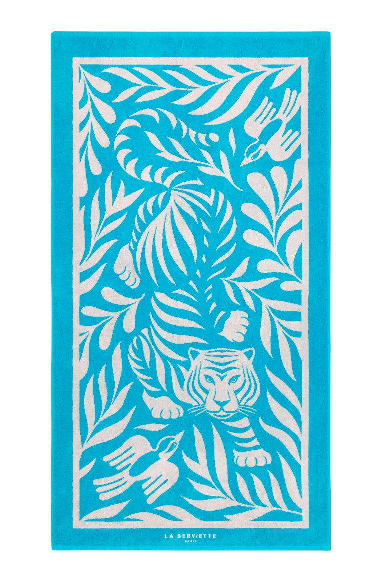 Serviette de plage coton bio 500Gr/m² motif tigre turquoise 90x170