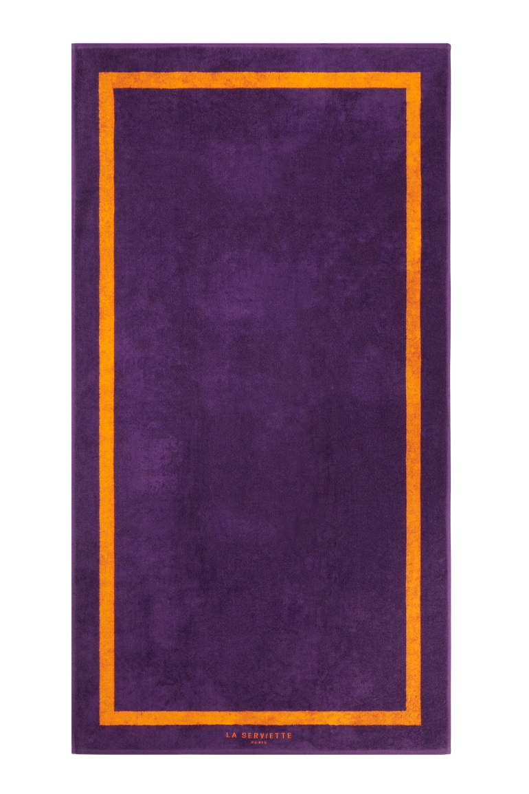 Serviette de plage coton bio 500Gr/m² violet cadre orange 90x170