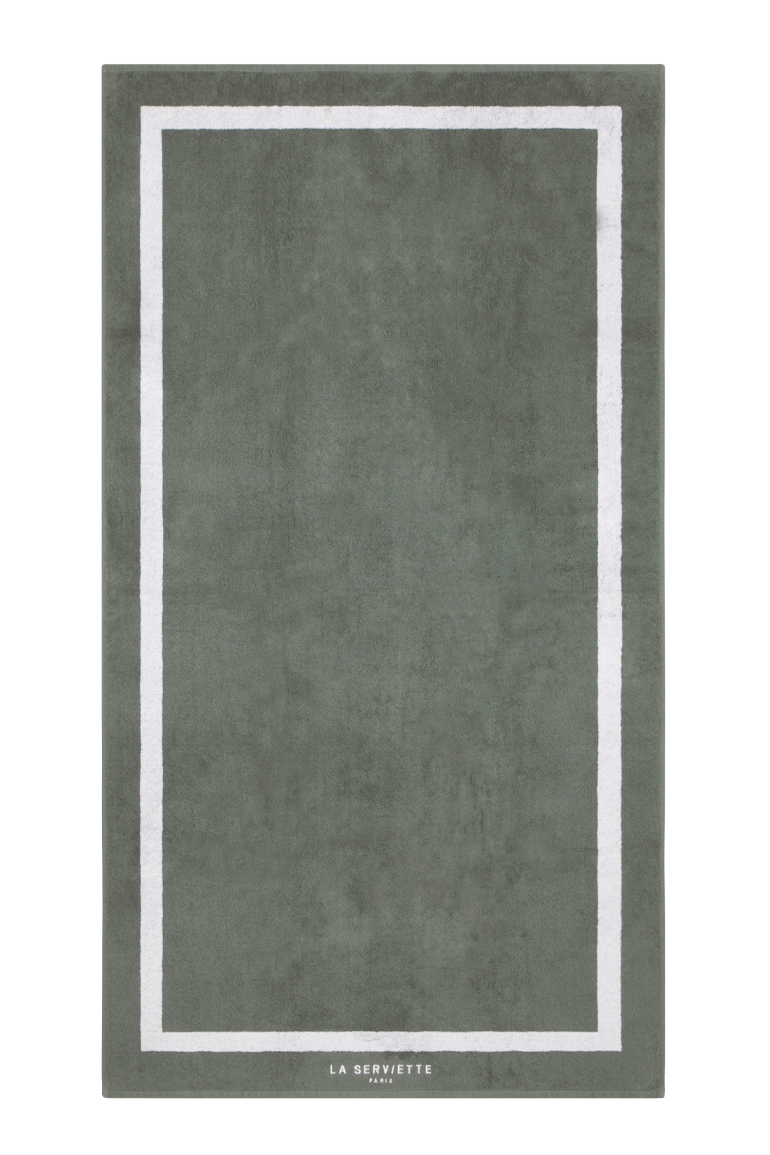 Serviette de plage coton bio 500Gr/m² gris cadre blanc 90x170