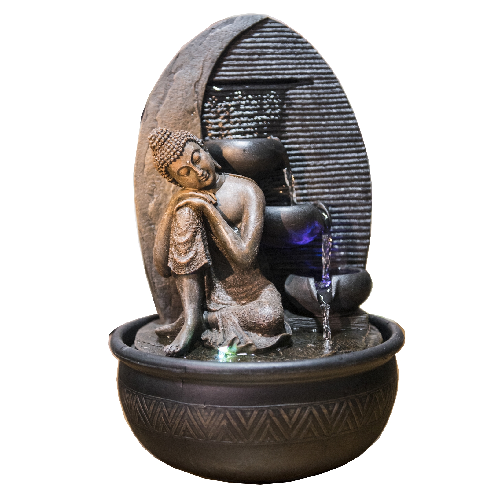 Grande Fontaine avec Statue Bouddha Amovible en résine marron - H40 cm